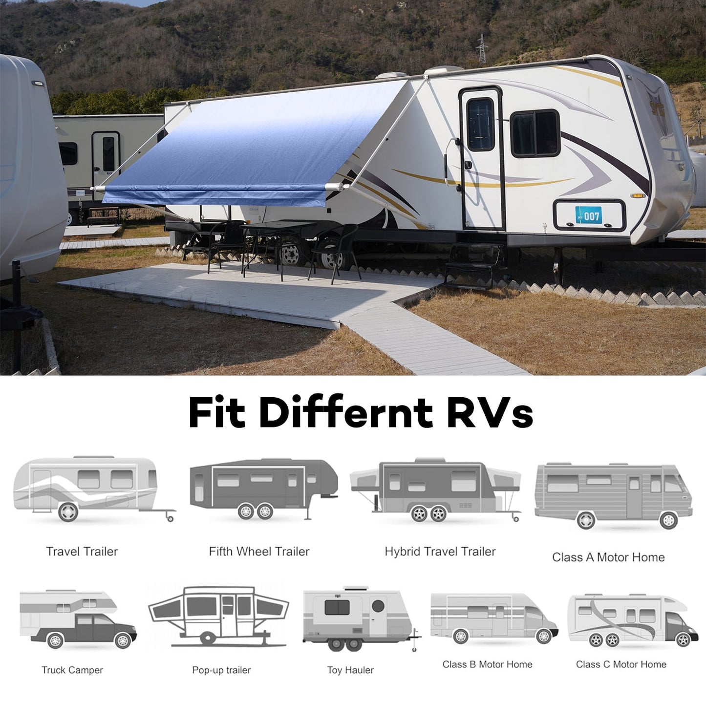 COOKCOK 16.2ft Rv Awning Fabric Replacement, Durable Heavy Duty Weatherproof Anti-Fading Awning Fabric with Pull Strap Fit for 17ft Awning, Outdoor Canopy for Camper, Trailer, Motorhome, Blue