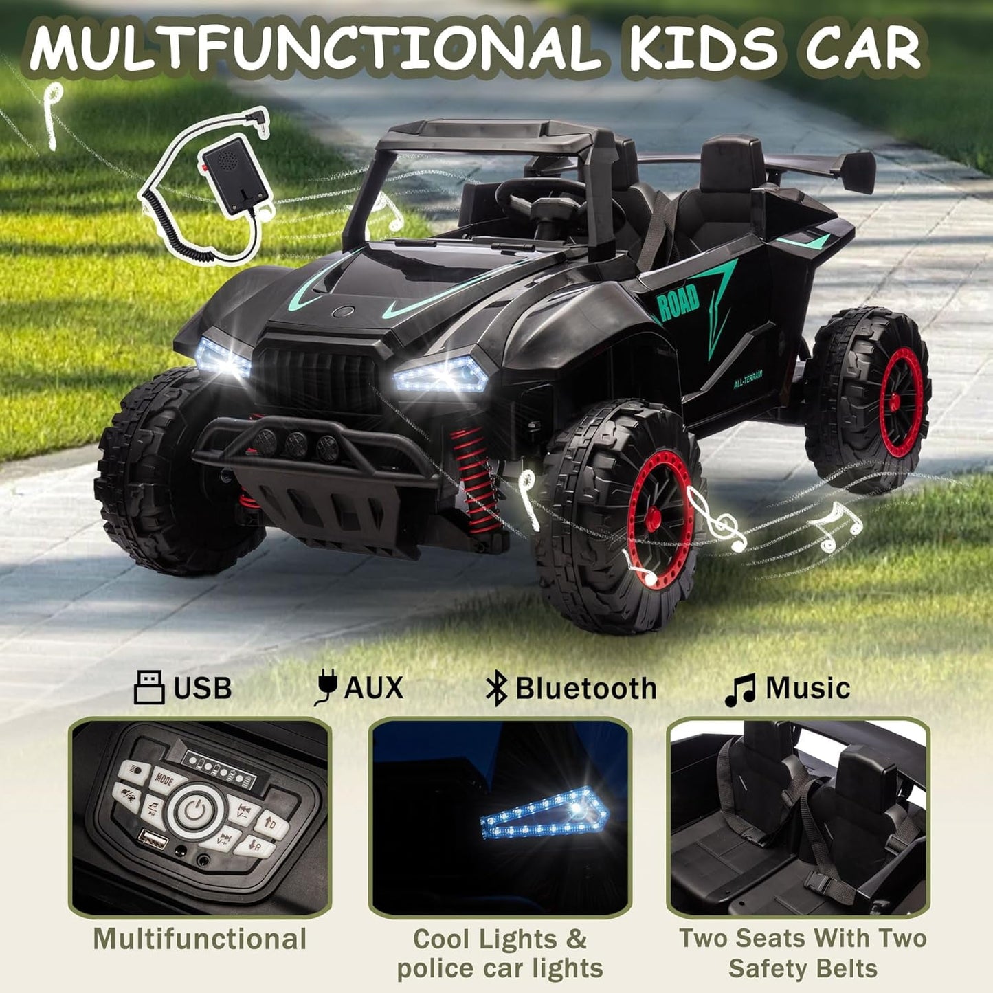 Track Seven 24V 2-Seater Ride on Car, Kids Electric Car with Remote Control, 20.4" Extra Width Seat, Bluetooth, Power Display, 24V Ride on Truck for Boys Girls Age 3+, Max Speed 6.21 mph, Black