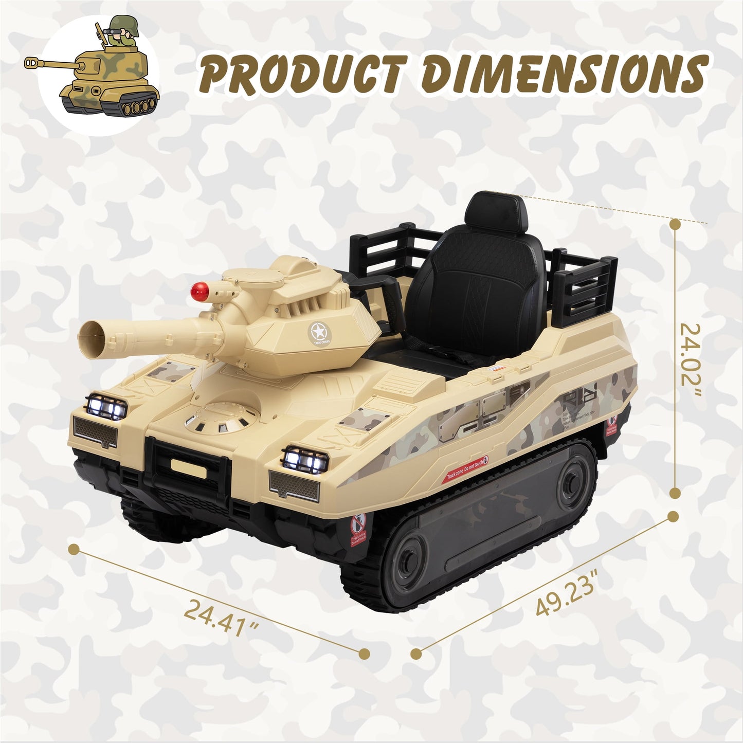 Track Seven 24V Ride on Car, Kids Ride on Tank with Fighting Cannon and Rotating Turret, Remote Control, Lights, Music, 360° Spin, Electric Off-Road RC Fighting Tank Truck, Yellow