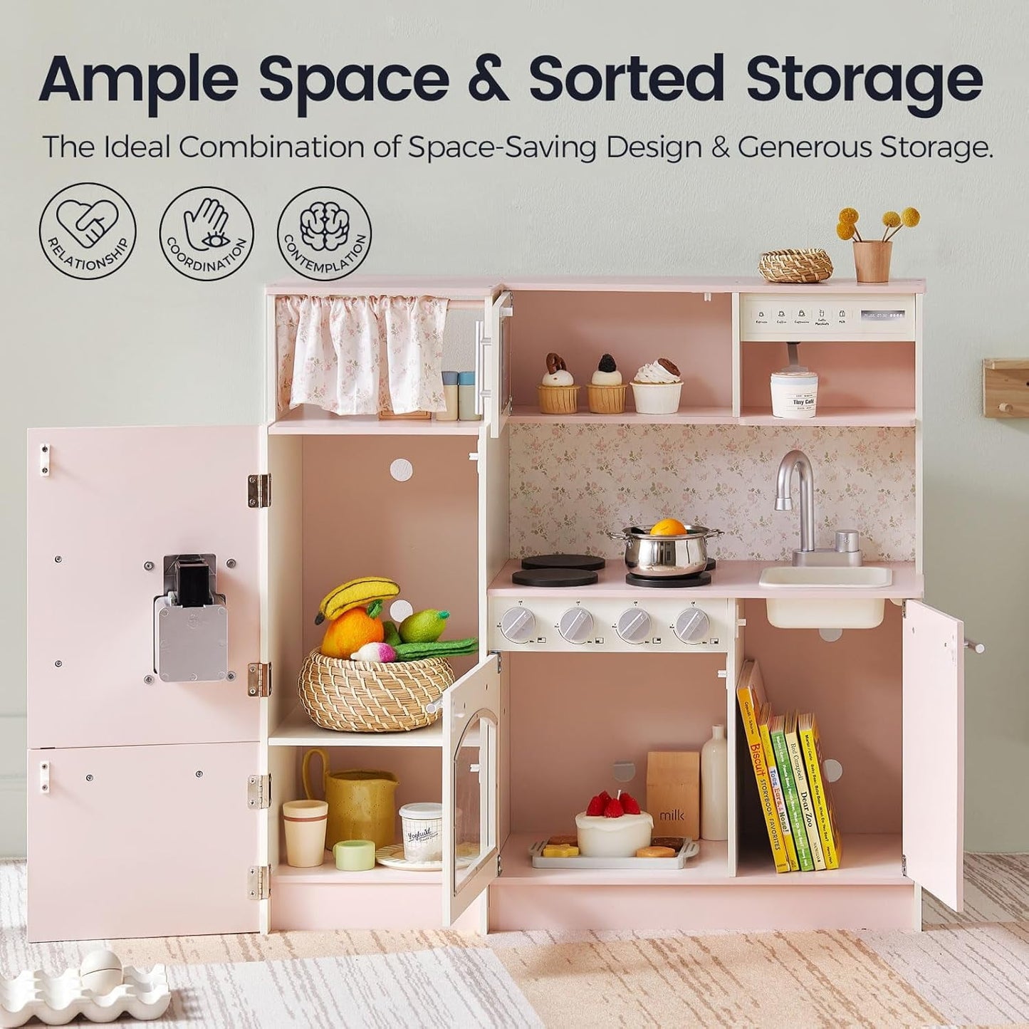 Track Seven Play Kitchen for Kids, Upgraded Wooden Kitchen Toy with Complete Play Areas, Pretend Cooking Set with Sink, Stove, Microwave, Toy Coffee Station & Storage for Kids Ages 3+, Pink