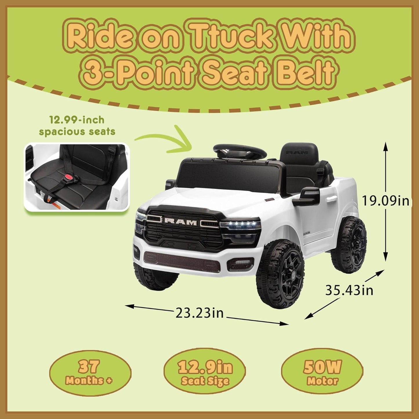 Track Seven 12V Ride on Car, Licensed Dodge RAM 3500 Ride On Truck with Remote Control, Rear Shock Suspension, LED Headlights, Low Battery Alarm, Bluetooth, Music, Ride on Toy for Kids Aged 3+, White