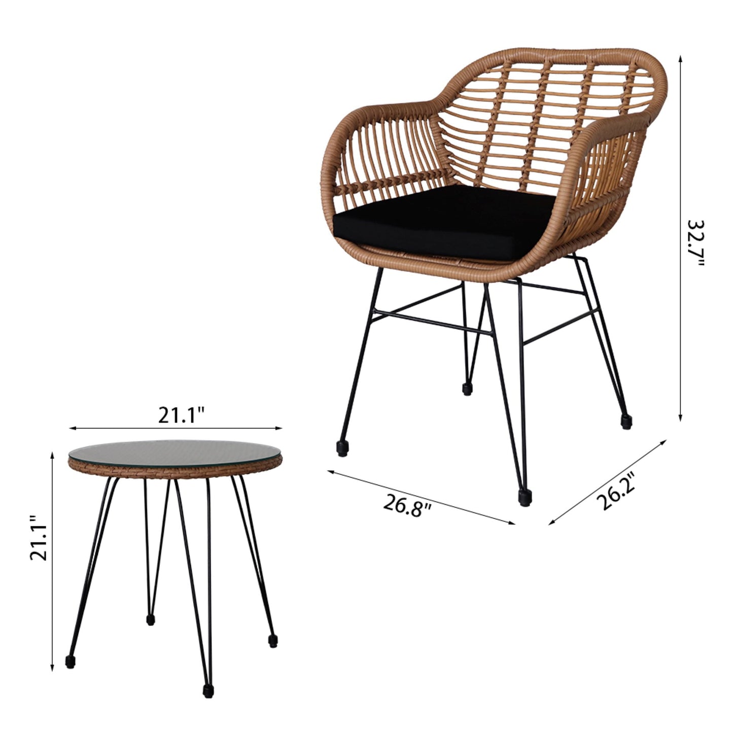 COOKCOK 3 Pcs Wicker Rattan Patio Conversation Set, Handmade Set with Cushions, for Backyard, Yellow