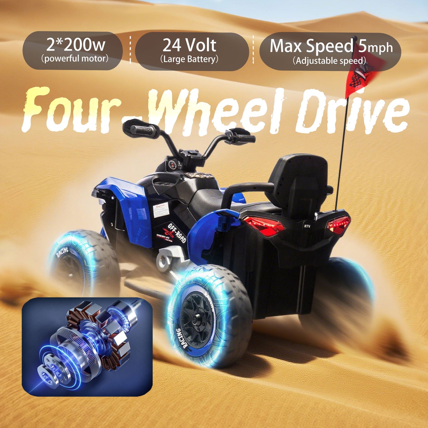 Track Seven 24V Kids Ride-On ATV, Four Wheeler Quad Electric Car with Remote, 2 Speeds, Bluetooth, LED Light, English Storytelling, Shock Absorber, Kids Electric ATV for Boys Girls Aged 3+, Blue