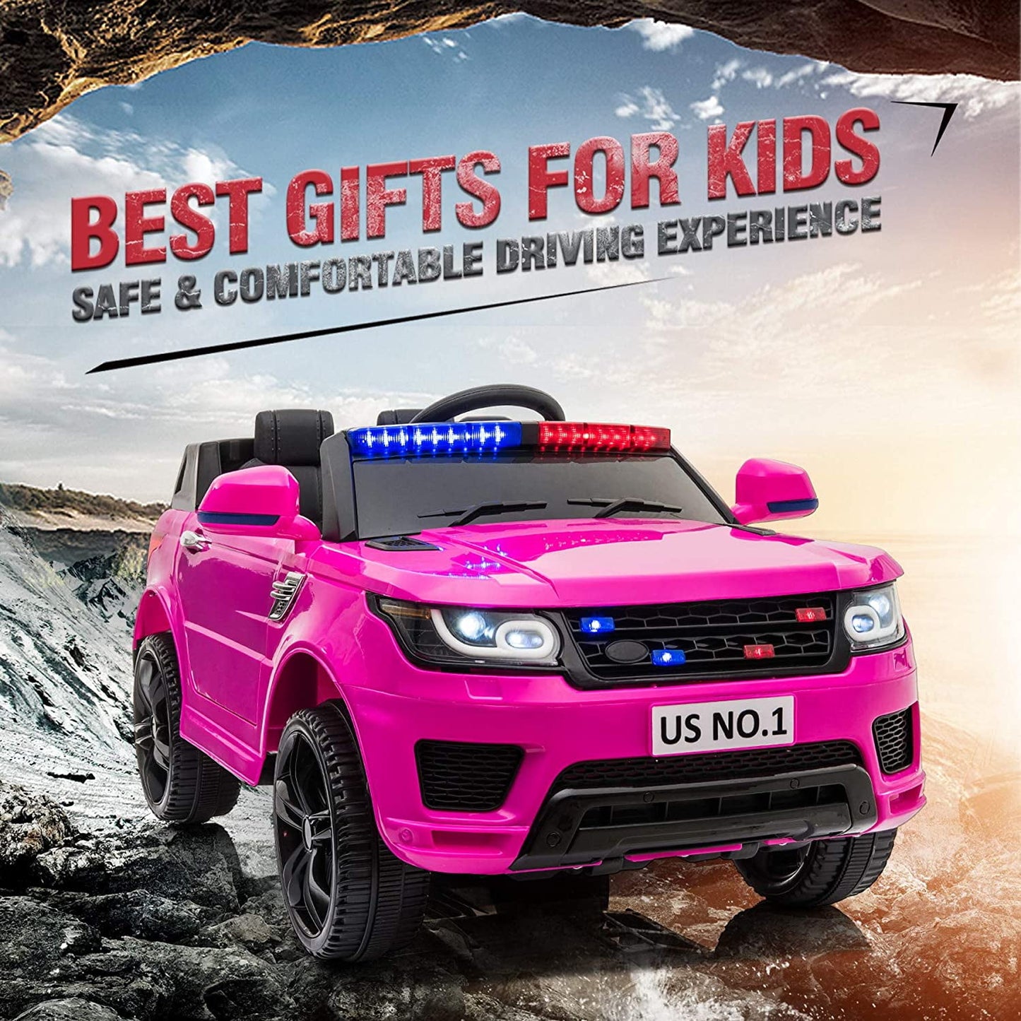 LISUEYNE Kids Ride on Police Car, 12V Electric Car for Boys Girls Age 3+, Flashing Siren, Microphone, Remote Control, Pink