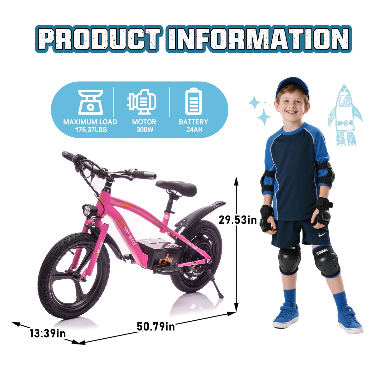 Track Seven 24V Kids Electric Dirt Bike, Ride on Mini Bike, 300W Super Power Motor, Up to 12.43 MPH, 16" Wheels, Adjustable Seat Height, Bright Headlight, Hand-Operated Brakes for Ages 5+, Pink