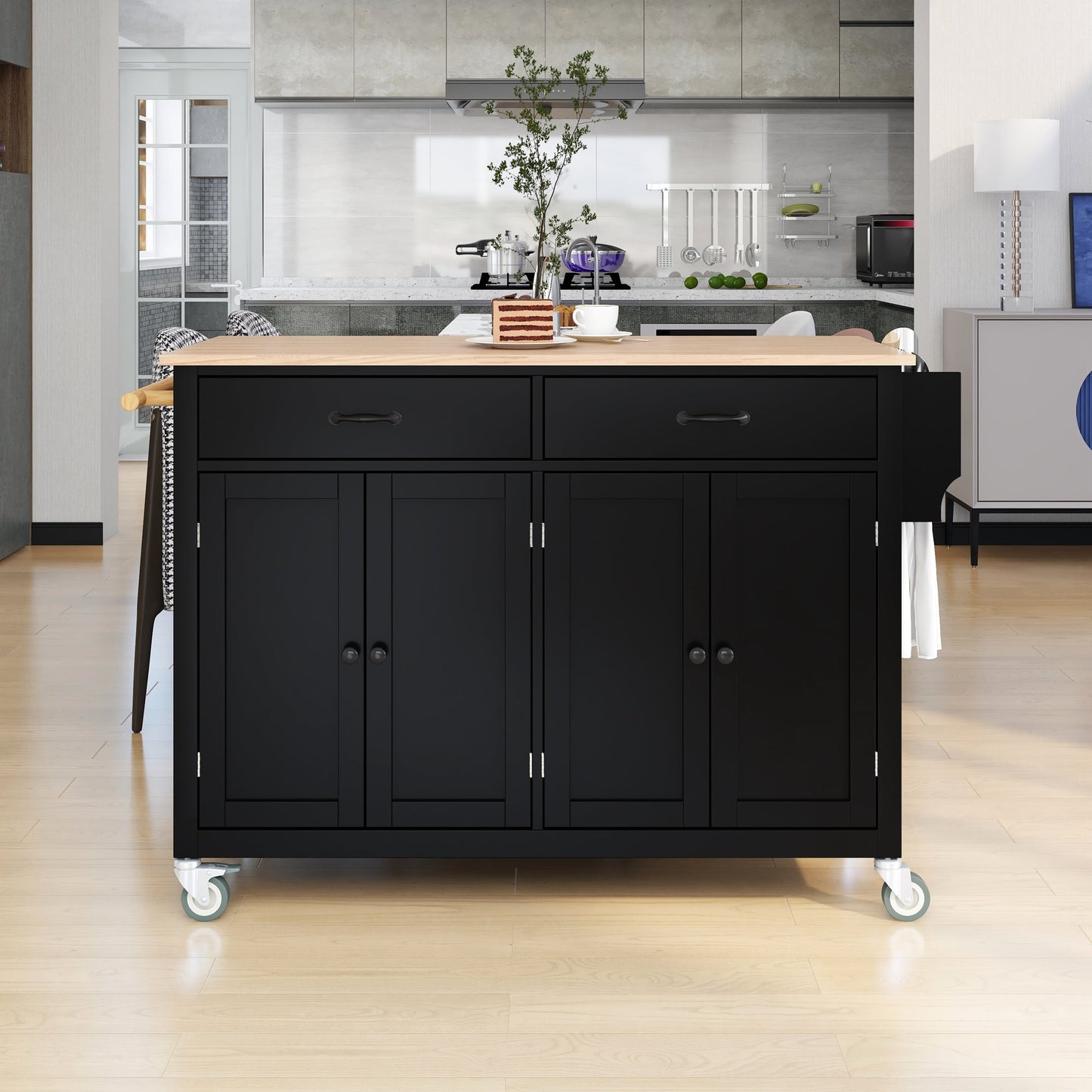 COOKCOK Kitchen Island Cart, Rolling Mobile Kitchen Island Cart with Wood Top and Locking Wheels, Storage Utility Cart with 4 Door Cabinet and Two Drawers, Spice Rack, Towel Rack, Black