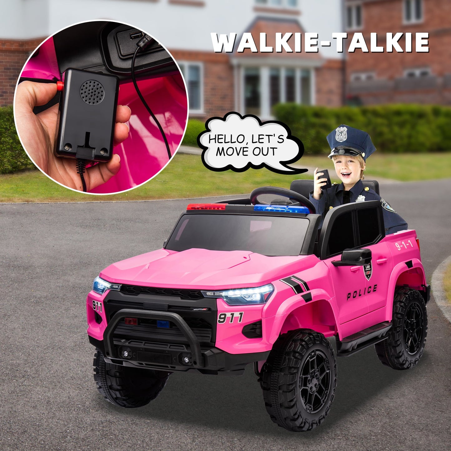 Track Seven 24V Ride on Car, 2-Seater Kids Ride on Pickup Police Car with Remote Control, Bluetooth, 4 x 200W Motor Electric Car, 3 speeds, LED Lights, Spring Suspension, Pink