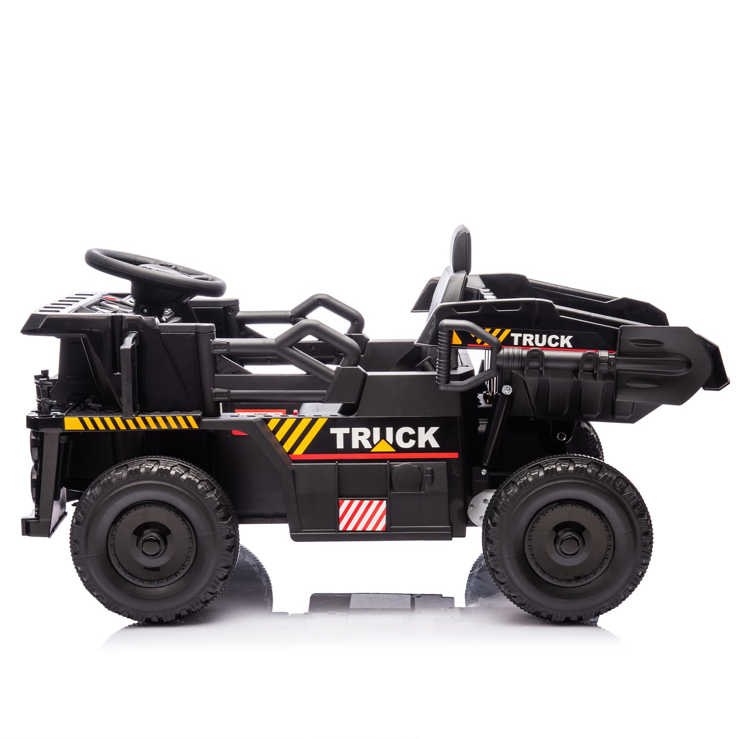 Track Seven 12V Electric Ride-On Dump Truck, Parental Remote Control, 2WD Rear-Wheel Suspension, Electric Dump Bed & Bonus Shovel, Bluetooth Multimedia, Adjustable Volume & Speed, LED Lighting, Black