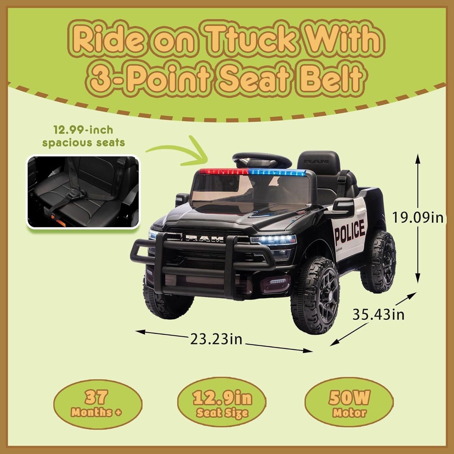 Track Seven 12V Ride on Car, Licensed Dodge RAM 3500 Ride On Truck with Remote Control, Rear Shock Suspension, LED Headlights, Low Battery Alarm, Bluetooth, Music, Ride on Toy for Kids Aged 3+, Black