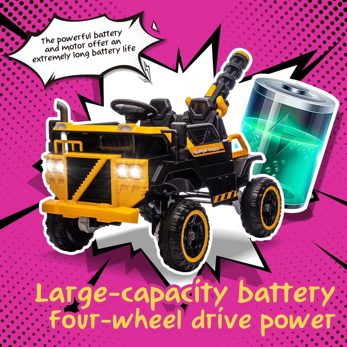 Track Seven 24V Ride on Car, 3-Seater Elecric car with Water Gun, Bluetooth, Remote Control, LED Lights, 2WD/4WD, Off-Road Truck for Boys Girls Age 3+, Yellow