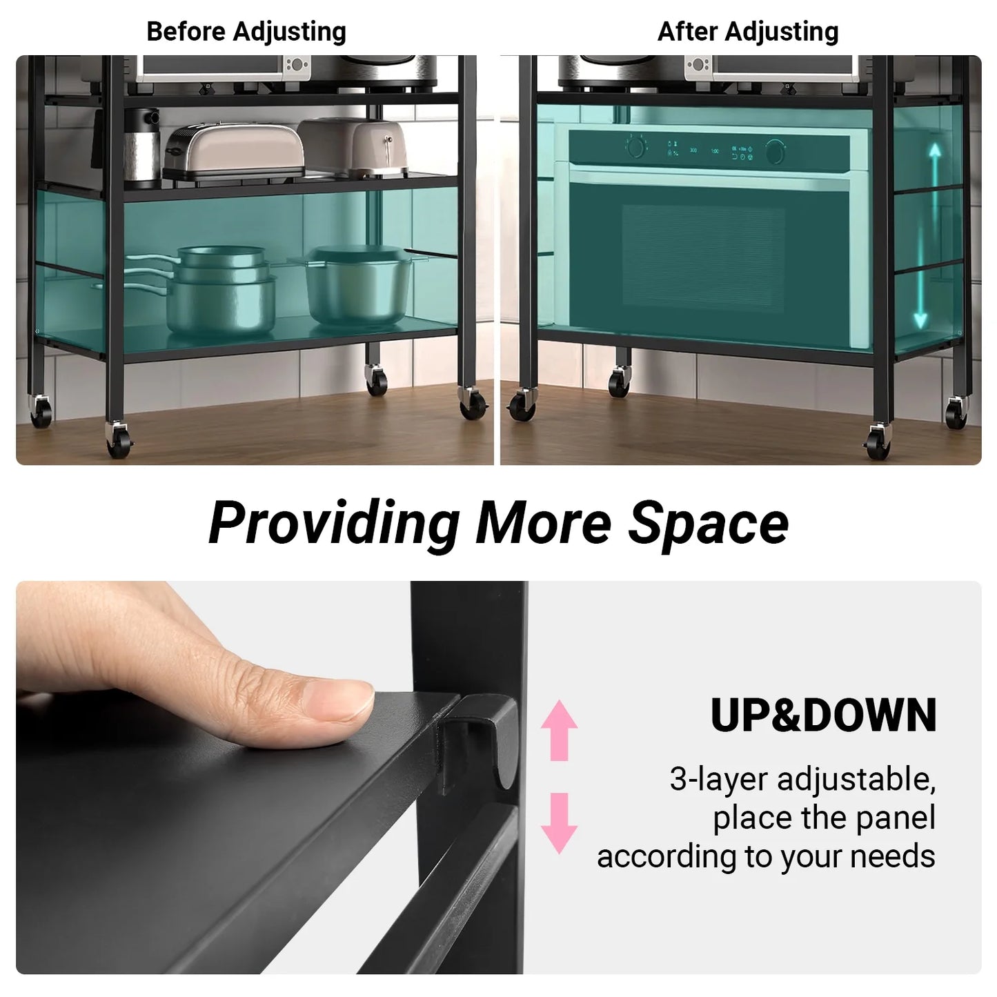 COOKCOK 5-Tier Storage Shelving Unit, Metal Shelf, Adjutable Height, Foldable Storage Shelf with Wheels, Garage Shelf, Kitchen Shelf, Side Protective, 550lbs Capacity, Black