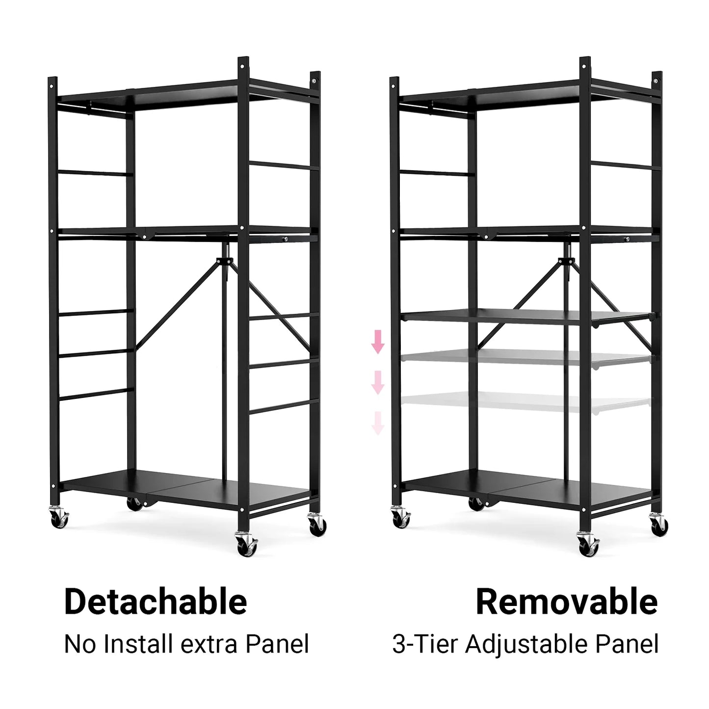 COOKCOK 4-Tier Storage Shelving Unit, Metal Shelf, Adjutable Height, Foldable Storage Shelf with Wheels, Garage Shelf, Kitchen Shelf, Side Protective, 400lbs Capacity, Black