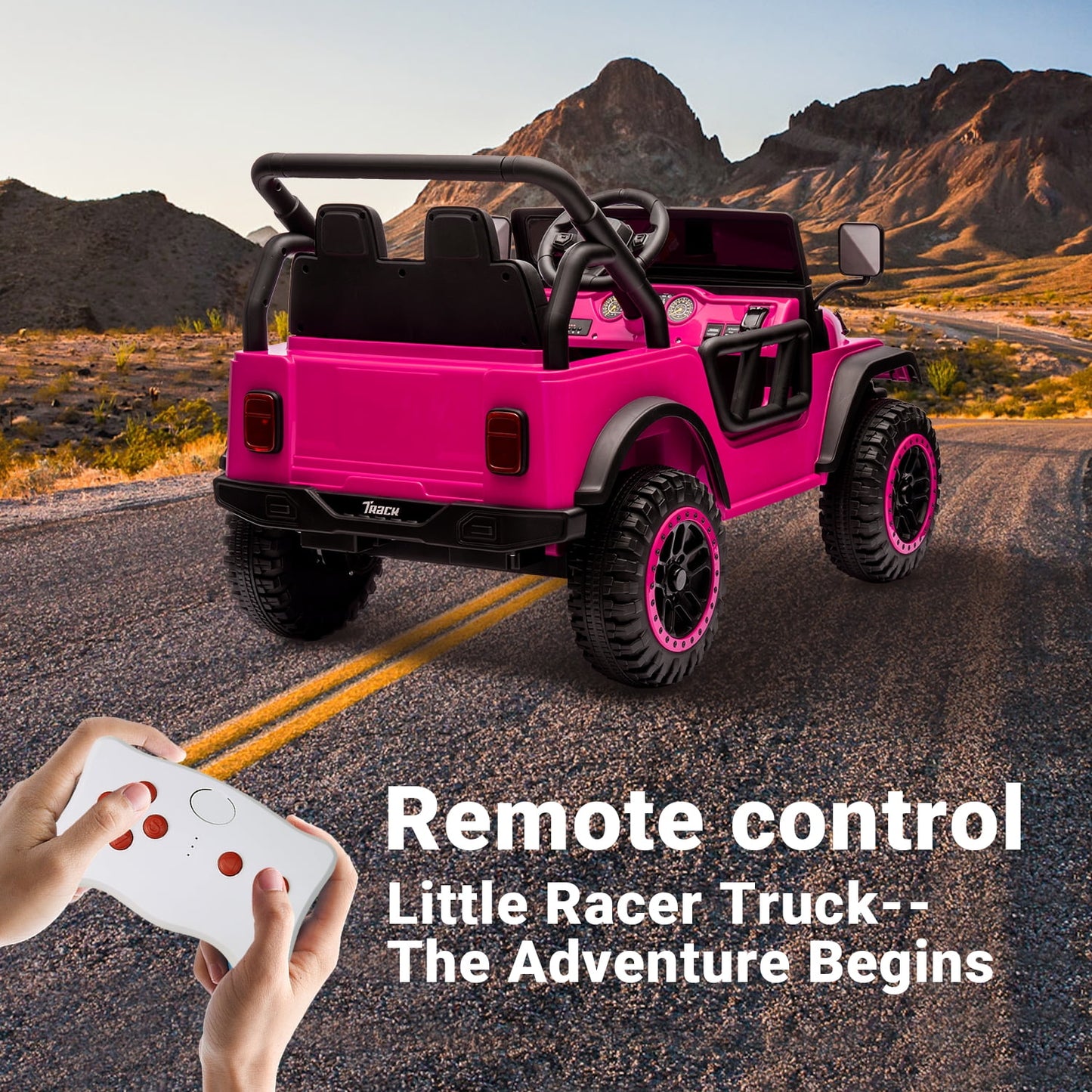 Track Seven 24V Ride on Truck, Electric Car for Boys Girls, Ride on Car with Remote Control, Music, Bluetooth, Lights, Spring Suspension, Max Speed 5 mph, Pink