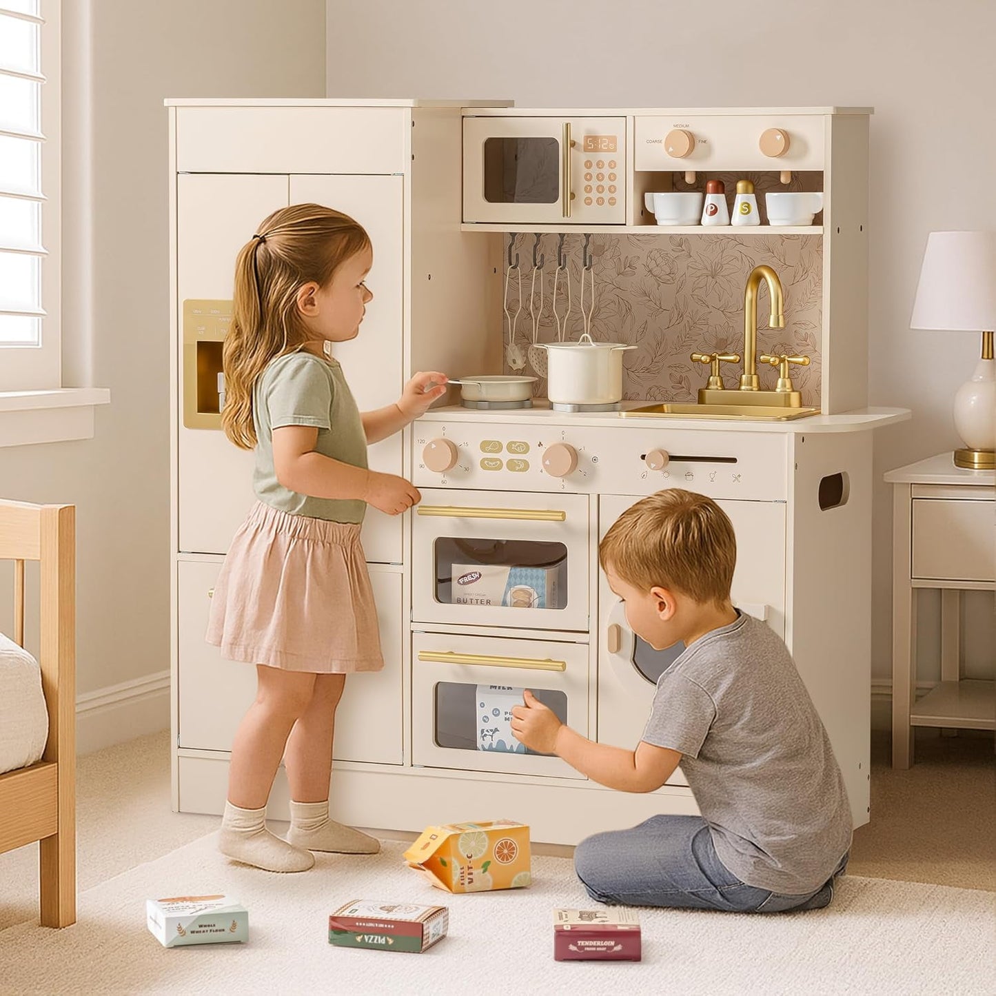 Track Seven Wooden Play Kitchen for Kids, Toddler Kitchen Set with Refrigerator, Dishwasher & Oven – Beige Kitchen Playset with Gold Sink & Handles, Toy Kitchen for Girls and Boys Ages 3