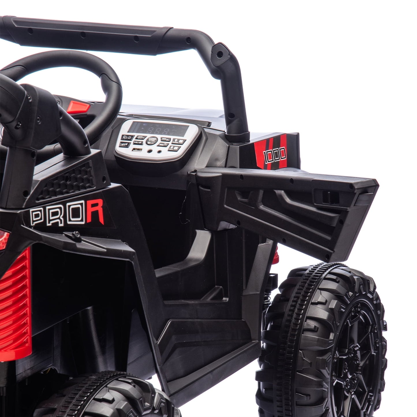 Track Seven 24V Ride on Car, 2WD Electric Off-Road UTV Truck w/ 400W Motors, Remote Control, Large Seat, Bluetooth, Lights, Power Display, Portable Handle, Electric Car for Boys Girls Aged 3+, Black