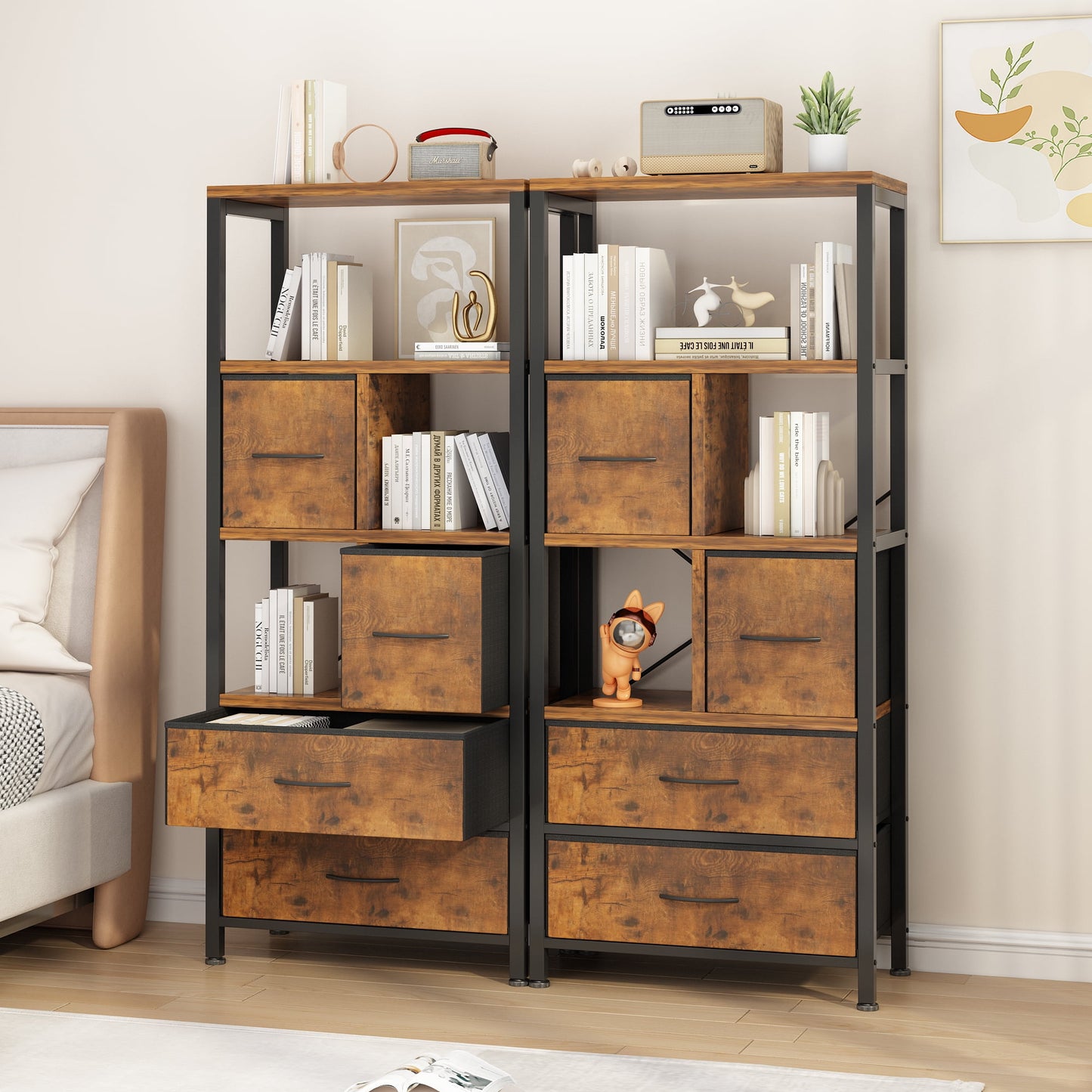 COOKCOK 5 Tier Bookshelf, Bookcase with 4 Drawers Shelves, Tall Book Shelf Book Case for Home & Office, Rustic Brown