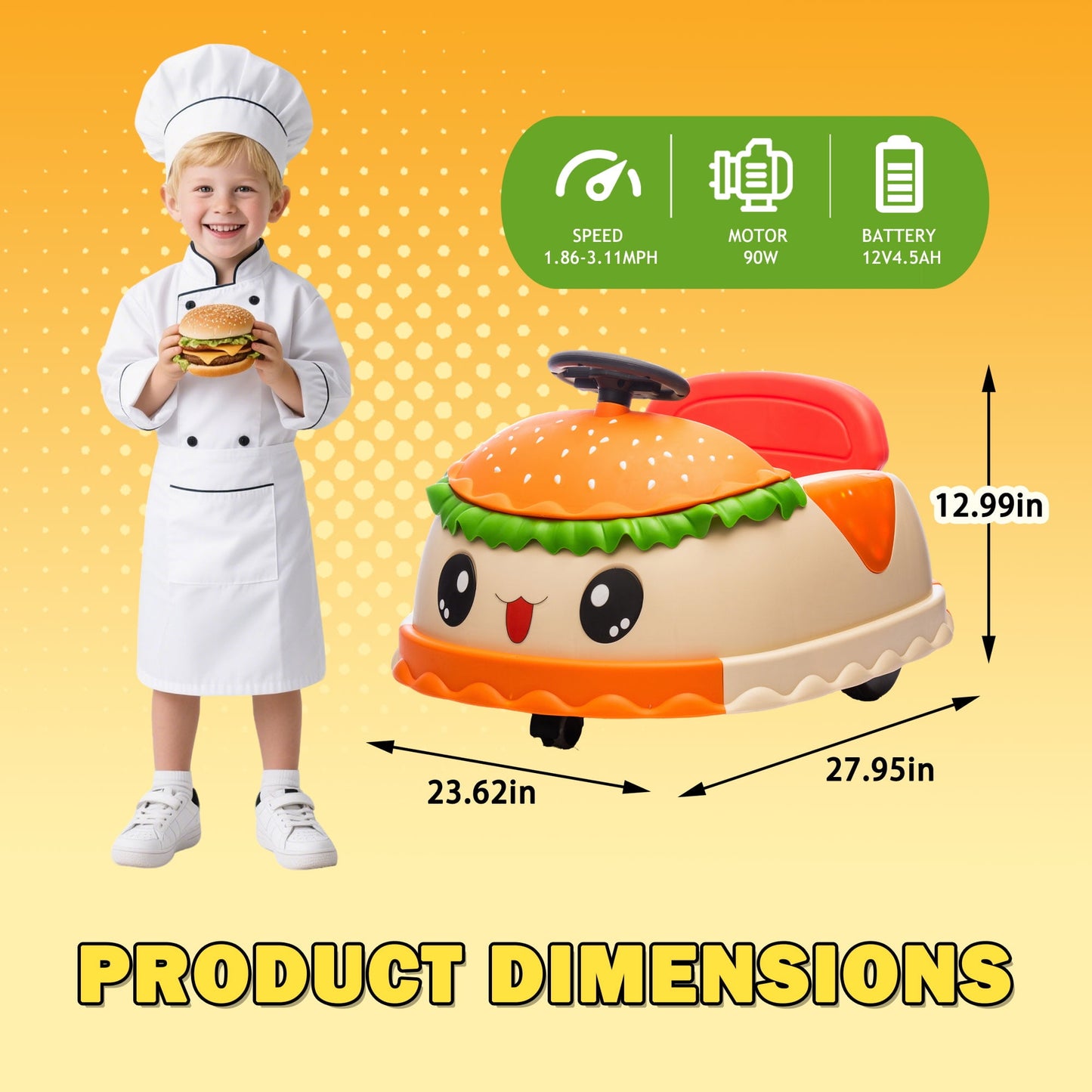 Track Seven 12V Kids Bumper Car, Kids Ride On Toy with Hamburger Design, Rear Storage, 360° Spin, Remote Control, Music, LED Lights, Electric Bumper Car for Boys Girls Toddlers Ages 2-5, Yellow
