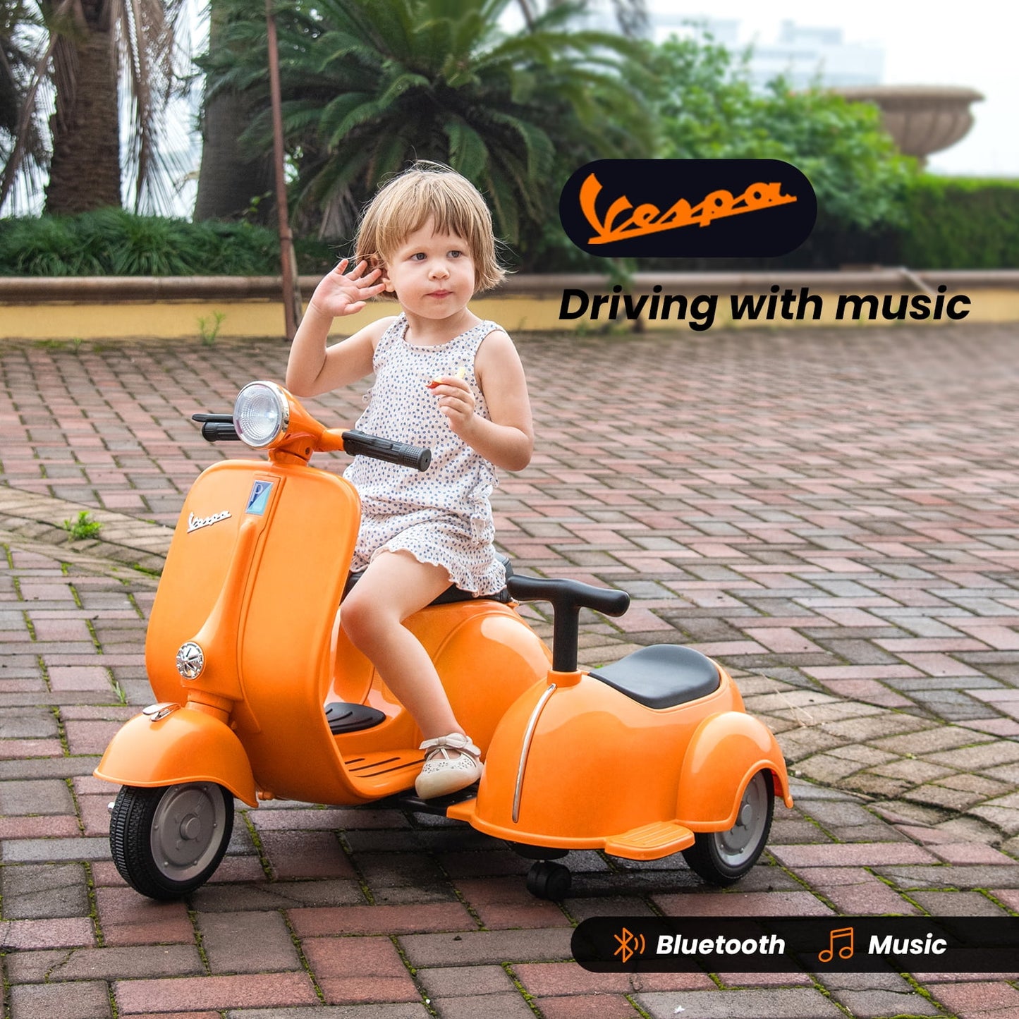Track Seven 2-Seater Ride on Motorcycle, Licensed Vespa Electric Motorcycle with Side Car, 2-Seater Ride on Car, Music, Storage Bin, Max Speed 3.7mph, Orange