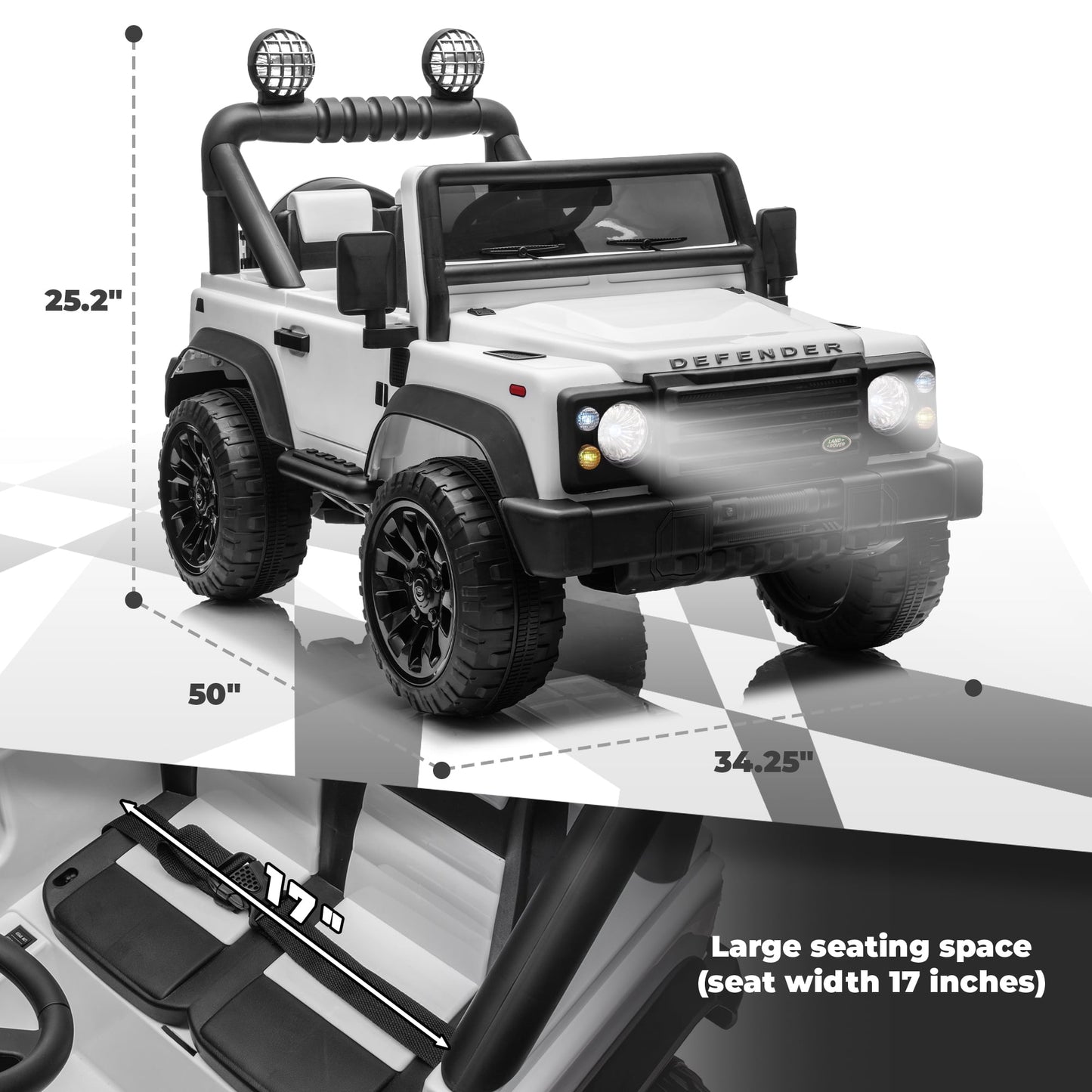 Track 7 Licensed Land Rover Defender Volta 5008 24V Kids Electric Ride-On Car with Remote Control, 2WD Drive, Bluetooth & MP3, LED, 1.86-3.11MPH, 24V Ride on Toys for kids Ages 3-7, white