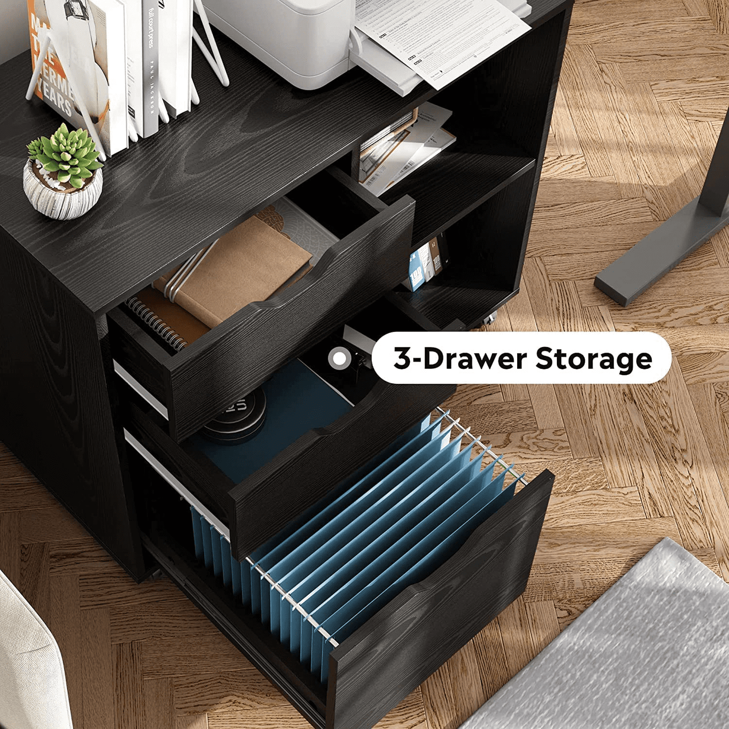 LISUEYNE 3-Drawer Wood File Cabinet, Mobile Lateral Filing Cabinet, Rolling Printer Stand with Open Storage Shelves for Home Office, Black