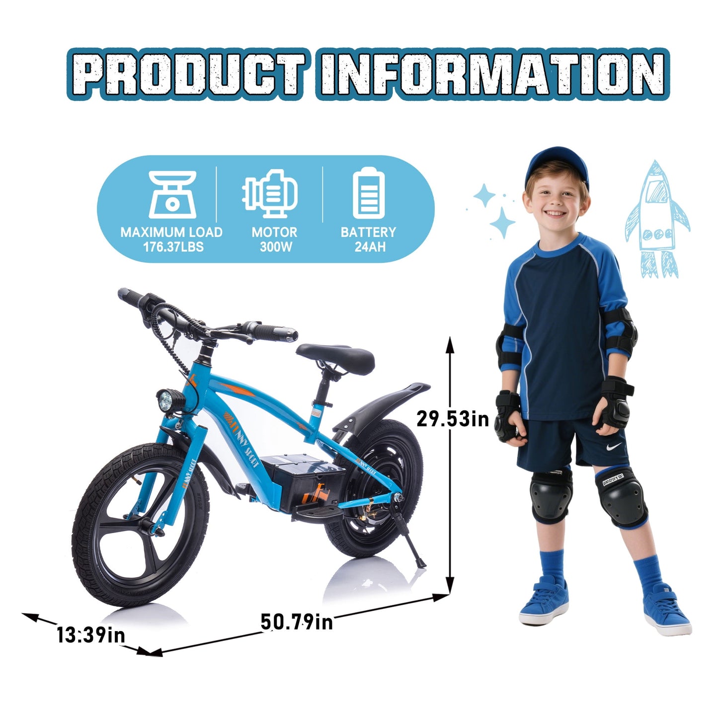 Track Seven 24V Kids Electric Dirt Bike, Ride on Mini Bike, 300W Super Power Motor, Up to 12.43 MPH, 16" Wheels, Adjustable Seat Height, Bright Headlight, Hand-Operated Brakes for Ages 5+, Blue