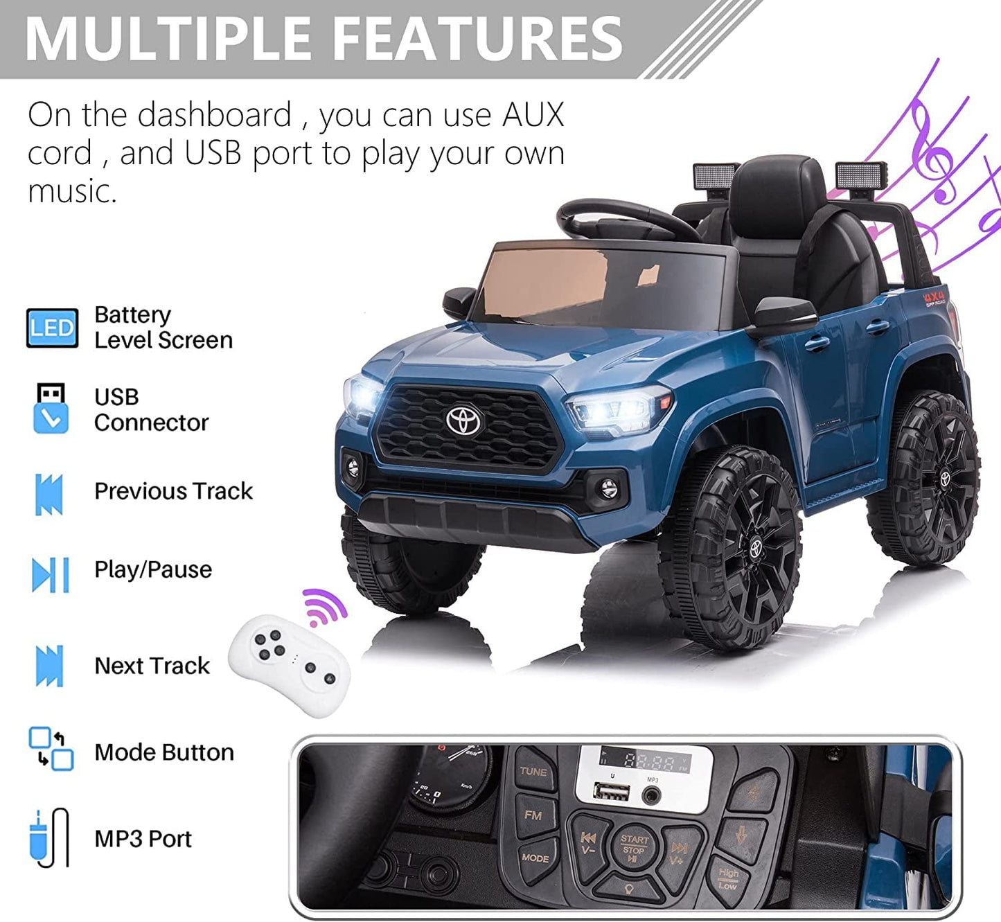 Track 7 Ride on Car with Remote Control, 12V Toyota Tacoma Electric Car for Boys Girls Age 3+, AUX/FM/USB, Storage Truck, Blue