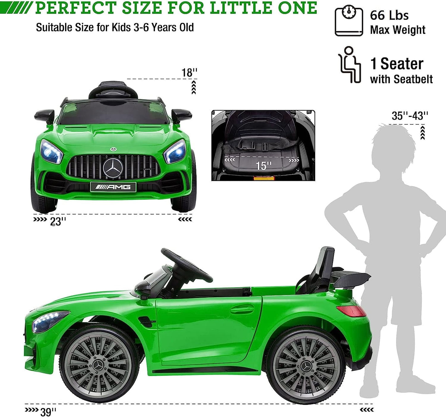 Track 7 Ride on Car with Remote Control, 12V Licensed Benz Electric Car for Kids Age 3+, AUX/FM/USB, Kids Ride on Toy Car, Green