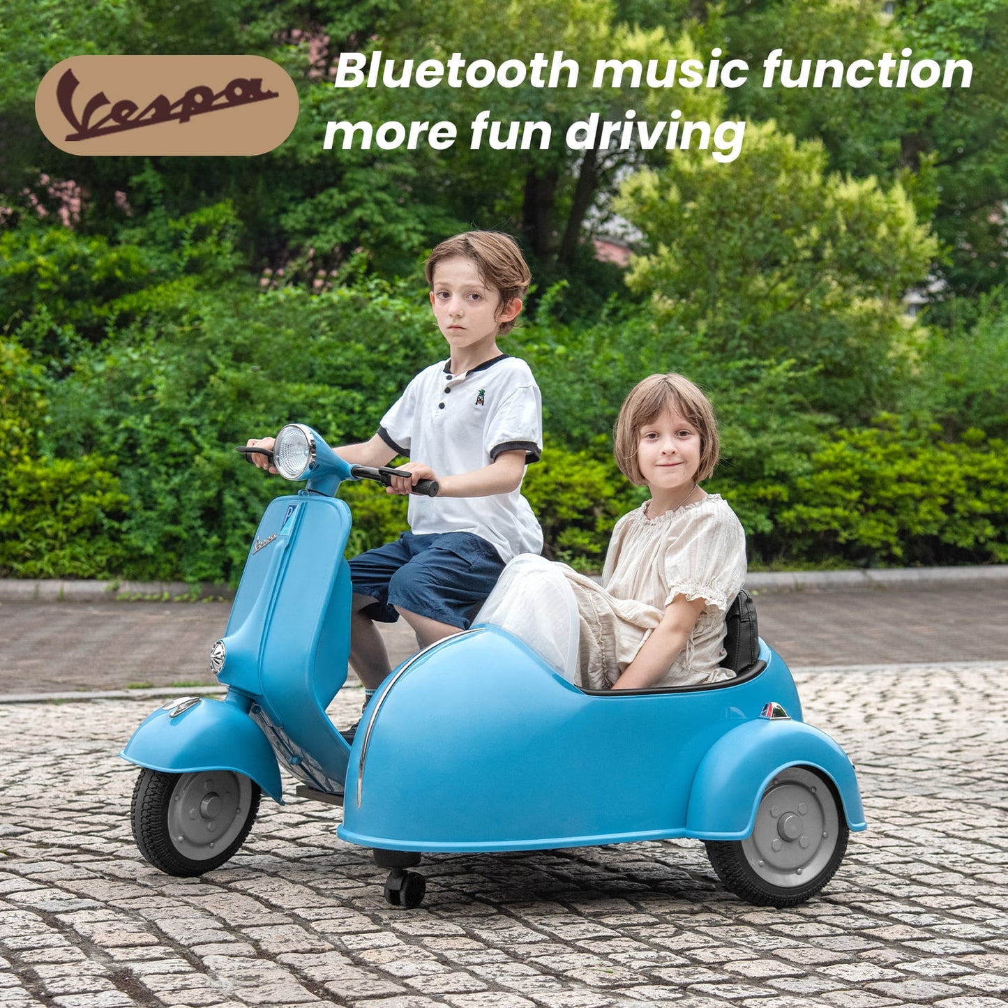 Track Seven 2-Seater Ride on Motorcycle, 12V Licensed Vespa Electric Motorcycle wth Side Car, 2-Seater Ride on Car, Music, Max Speed 4.8mph, Blue