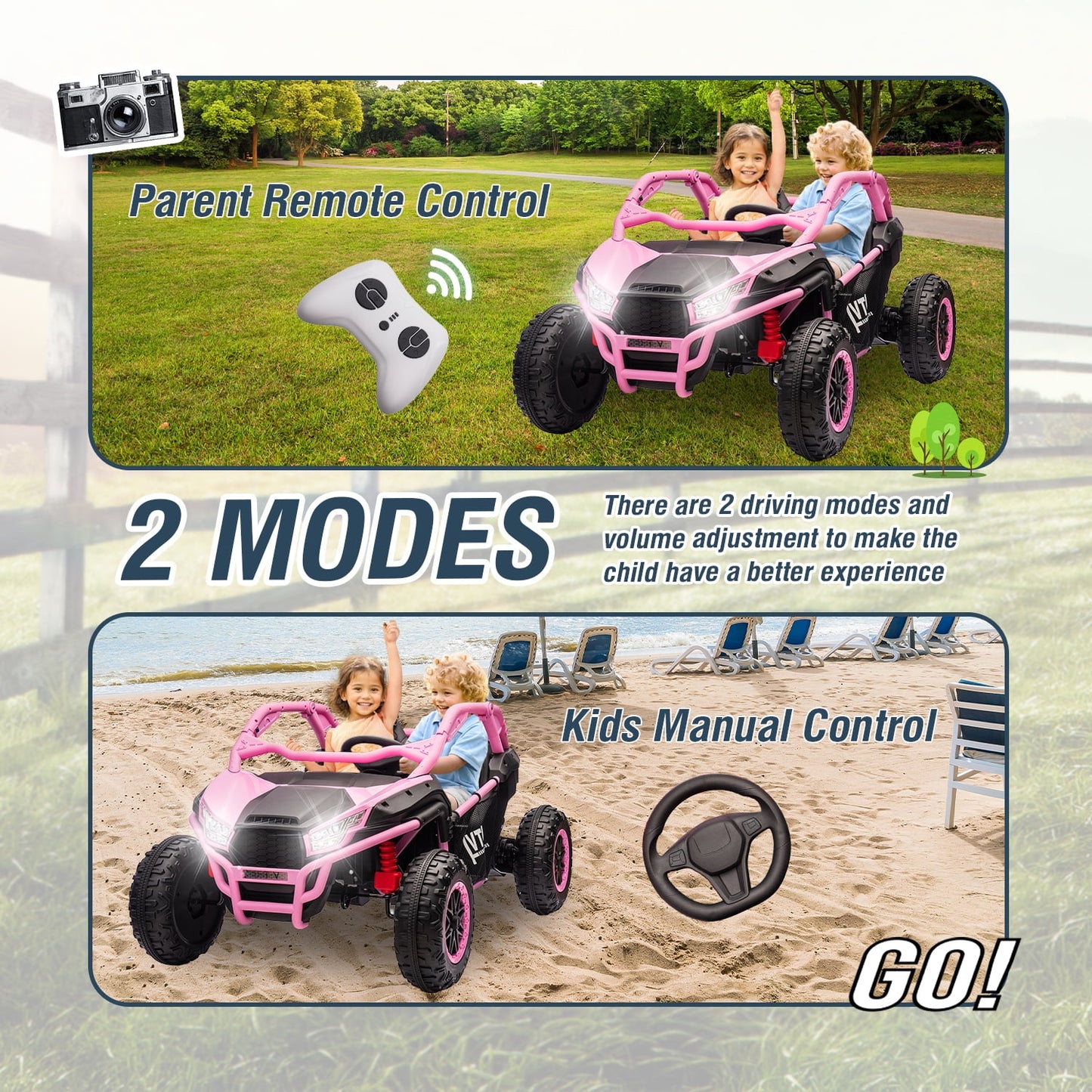 Track Seven 24V Ride on UTV, 2-Seater Ride on Car, 20" Width Seat, 4.97 mph Speed, 400W Motor, Remote Control, Bluetooh, MP3, LED Lights, Rear Storage, Off-Road Electric Car for Boys Girls Age 3+, Pink