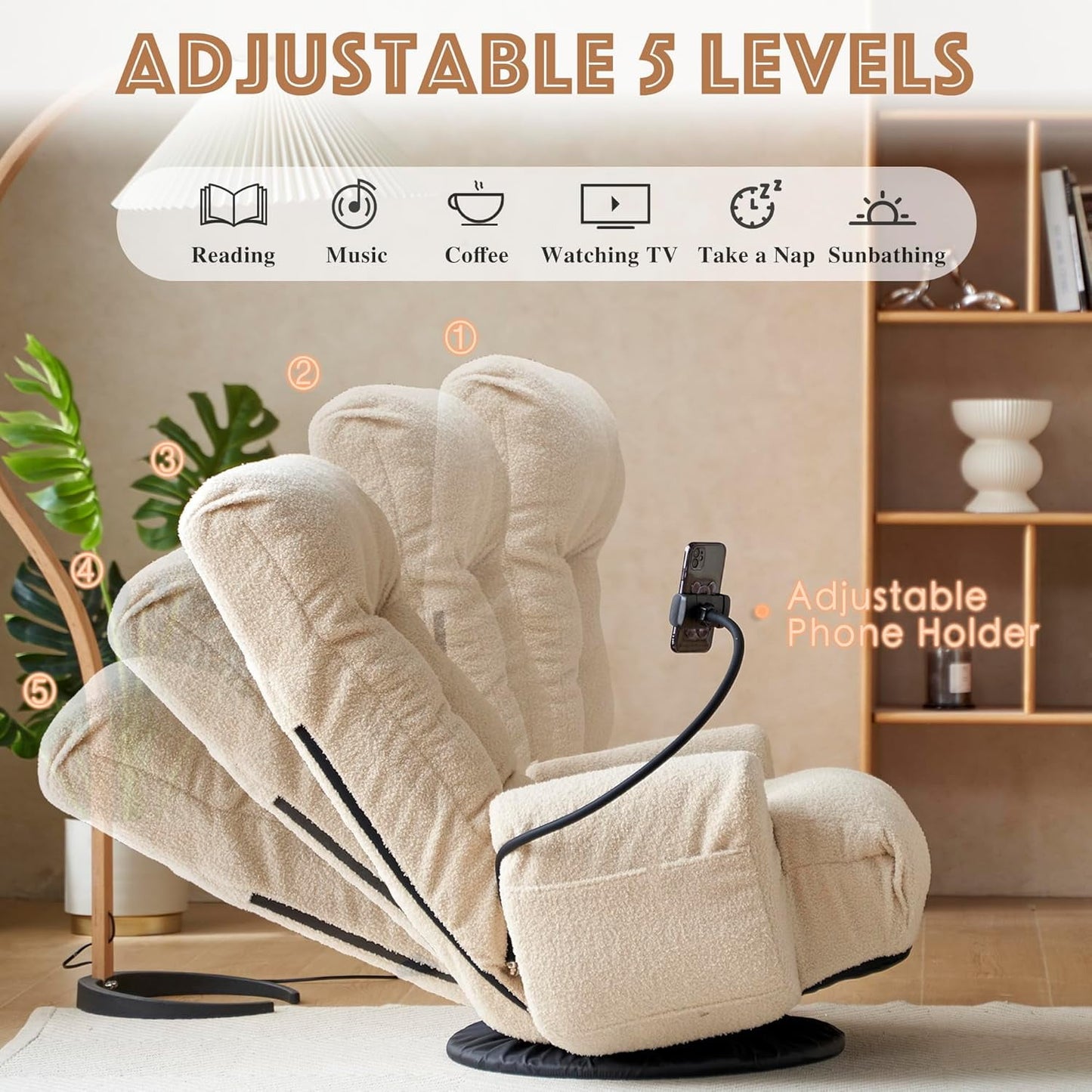 BISHE Swivel Floor Chair, Adjustable Head and Waist, Game Chair, Lounge Chair in Theliving Room, 360 Degree Rotatable Sofachair, Rotatable Seat Leisure Chair Deckchair for Living Room,Beige