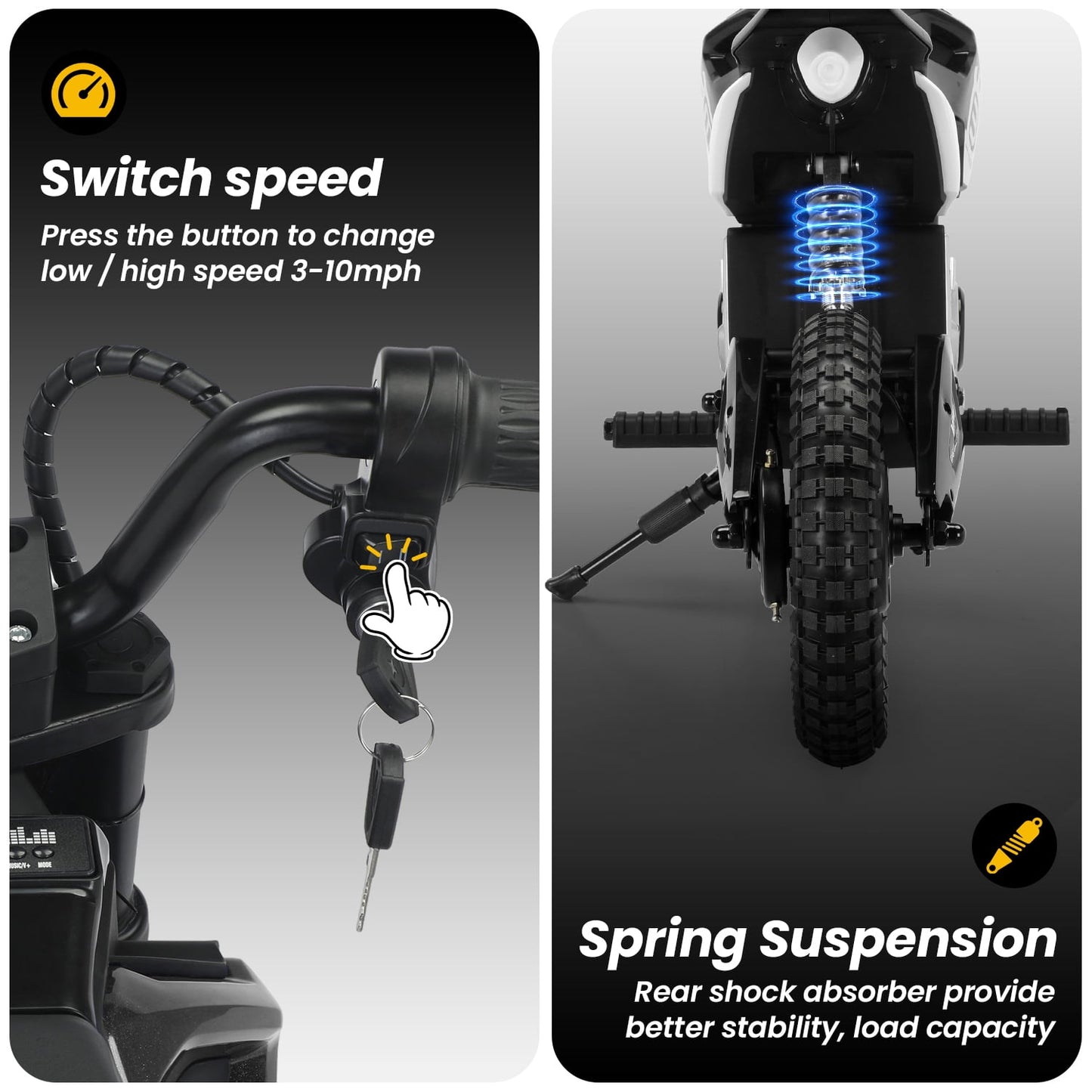 Track Seven 24V Electric Dirt Bike, 200W Motocross Ride on Motorcycle with Hand Operated Brakes, Adjustable Speed, LED Lamp, Music, Max Speed 10mph, Electric Motorcycle for Kids Age 5+, Black