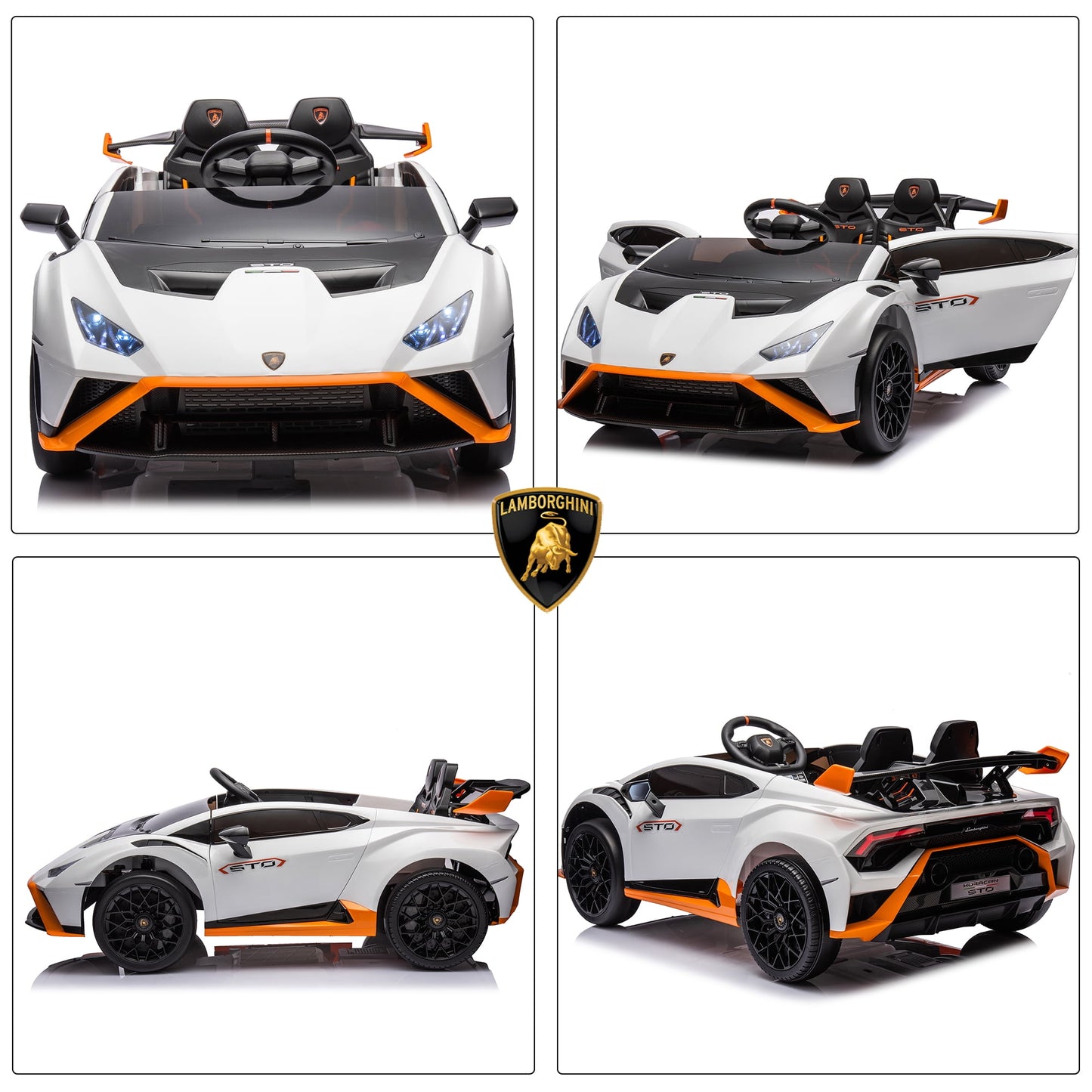 Track Seven 24V Kids Ride on Car, Licensed Lamborghini STO Electric Car for Boys Girls, 2-Seater Ride on Drift Car with Remote Control, Music, 360° Spin, Max Speed 6mph, White