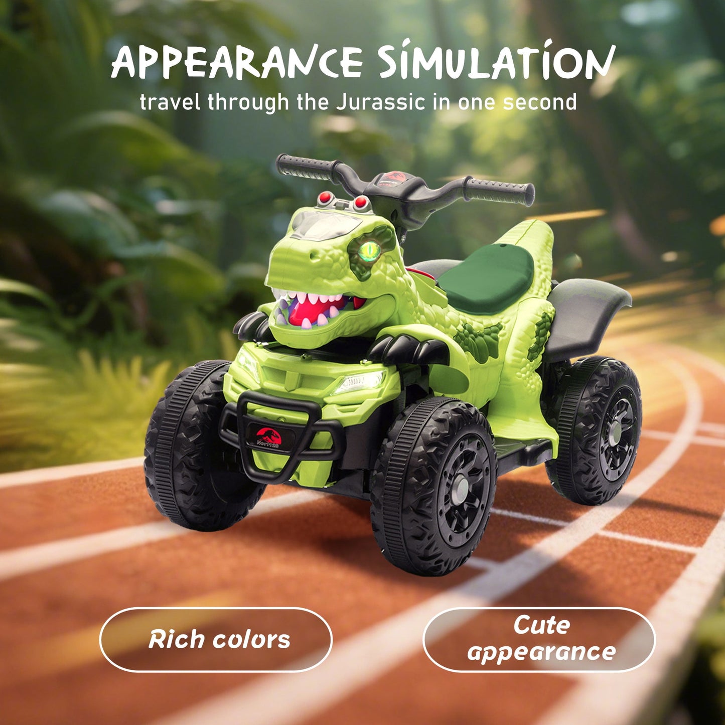 Track Seven 12v Ride-On Electric ATV, Dinosaur Shape Car, 2WD, Music, Bluetooth & Microphone, Power Display, Indoor& Outdoor Ride-On Toy for Boys Girls Age 2-5, Green