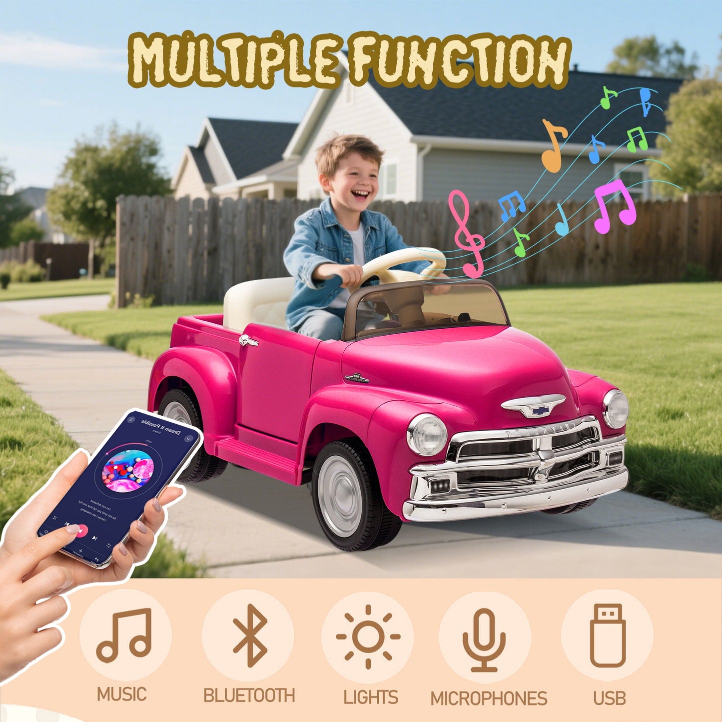 Track Seven 12V Kids Ride on Car, Licensed Chevrolet 3100 Pickup Electric Car with Remote Control, LED Lights, Bluetooth, Power Indicator, Storage, Kids Ride on Truck Toy for Boys Girls Age 3+, Pink
