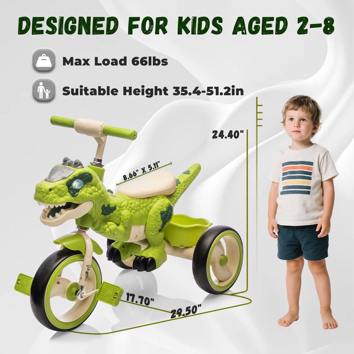 Track Seven Dinosaur Kids Tricycle for Rider, Toddlers Trike Bike with Music, LED Lights, Storage Basket, 360 ° Swivel Steering, Preschool Daycare Kids Bike for Boys Girls 2+ Years, Green