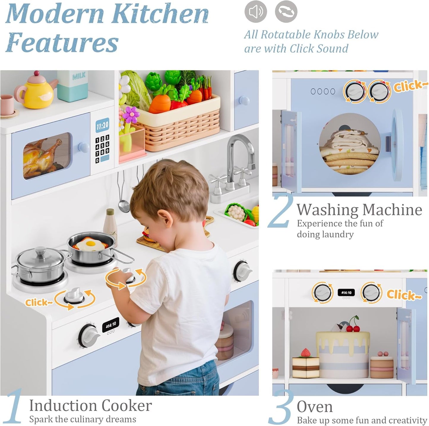 Track Seven Wooden Play Kitchen for Kids and Toddler, Toy Kitchen Playset with Plenty of Pretend Play Features and Storage Drawers, Gift for Boys and Girls, Blue