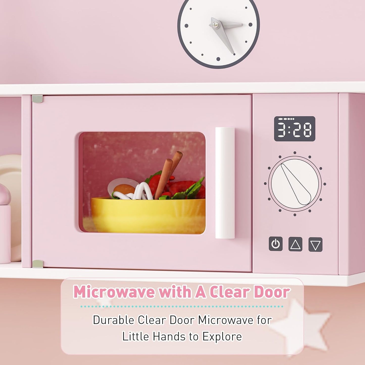 Track Seven Play Kitchen for Kids, Wooden Kids Kitchen Playset with Storage and Realistic Details, Pretend Play Kitchen Set with Ice Maker, Clicking Knobs, Sink, Washing Machine For Toddlers Ages 3+