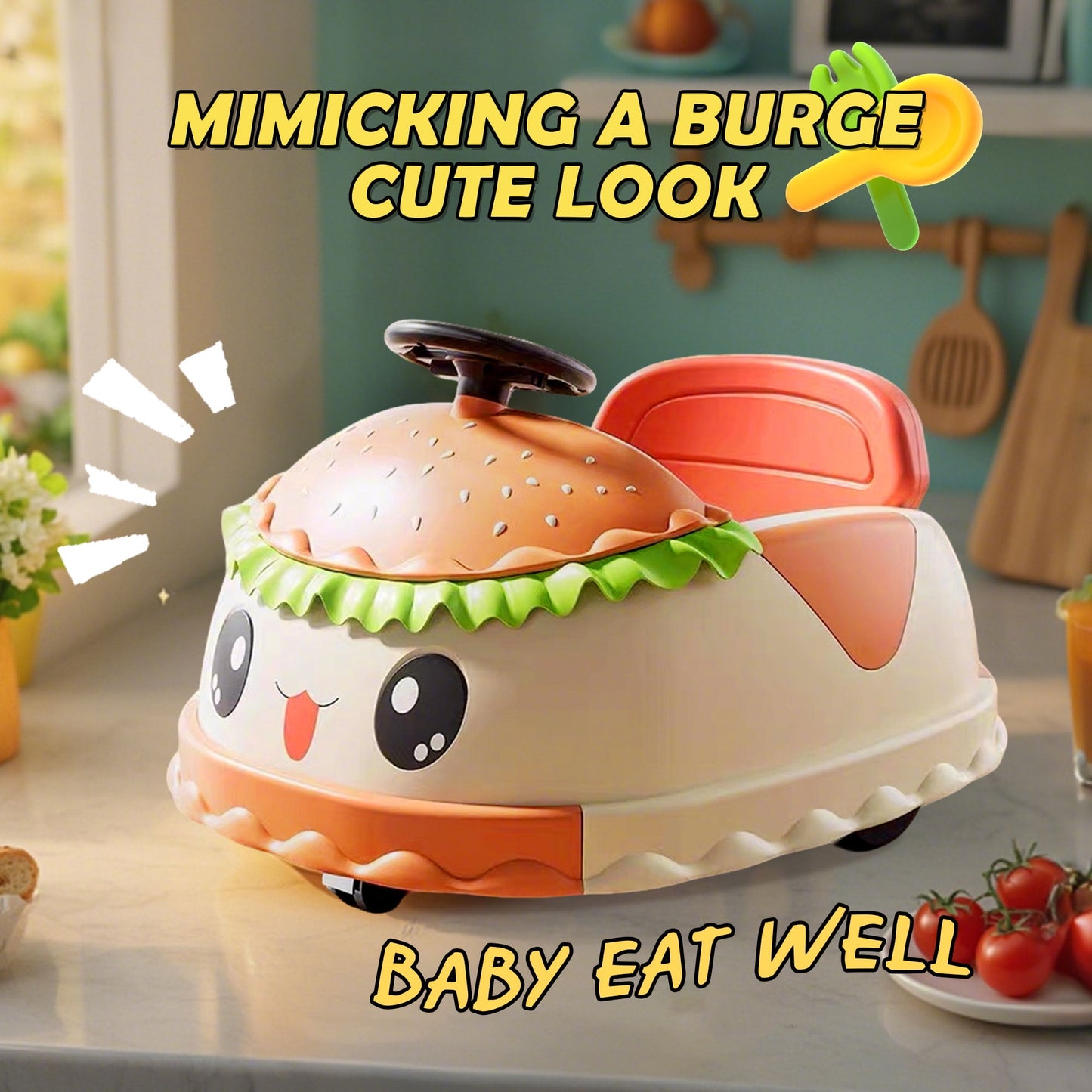 Track Seven 12V Bumper Car for Kids, Hamburger Design Electric Ride on Car for Toddlers with Remote Control, Music, 360°Spin, Max Speed 3.11 mph, Ride on Toy Car for Boys Girls Age 1-5 Years, Orange