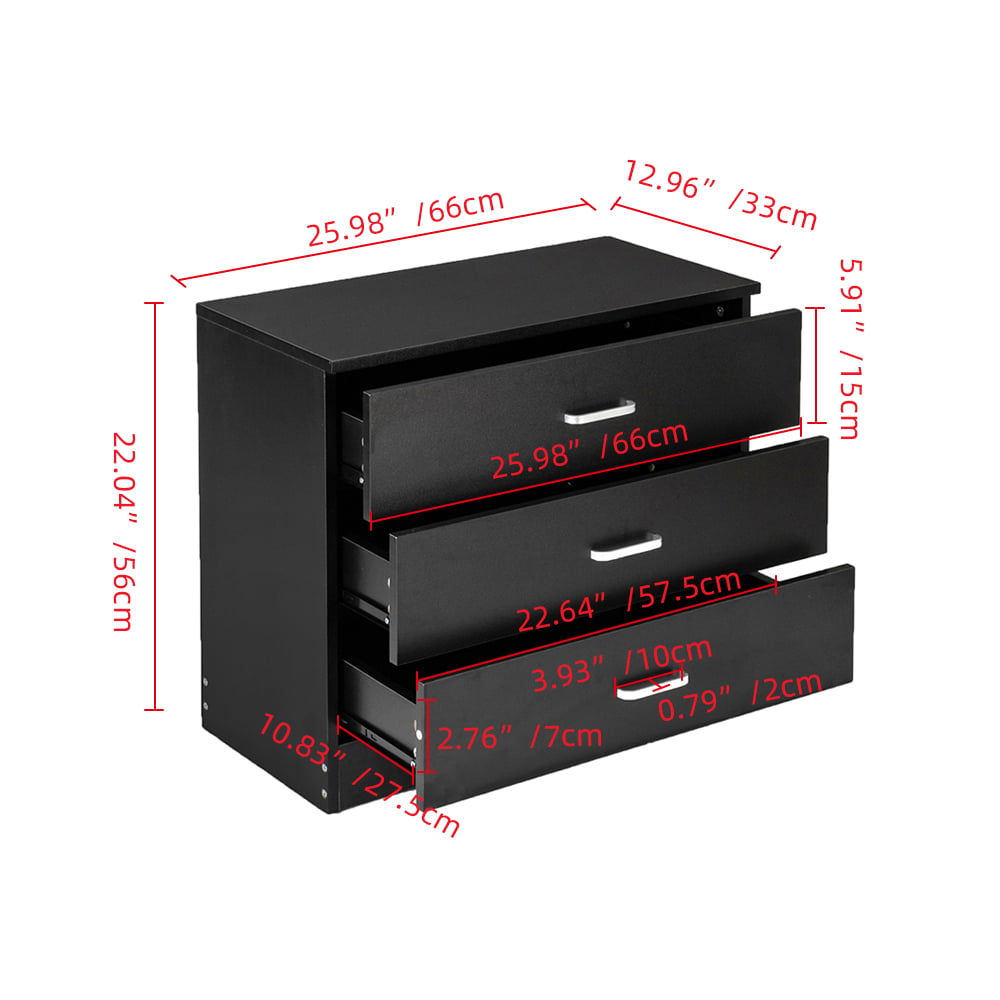 COOKCOK 3 Drawer Dresser, Wood Drawer Chest Dresser Cabinet with Storage, 25.98"x 13"x 22.05", Storage Cabinet, Clothing Organizer with Cut-Out Handle, Nightstand for Living Room, Bedroom, Black