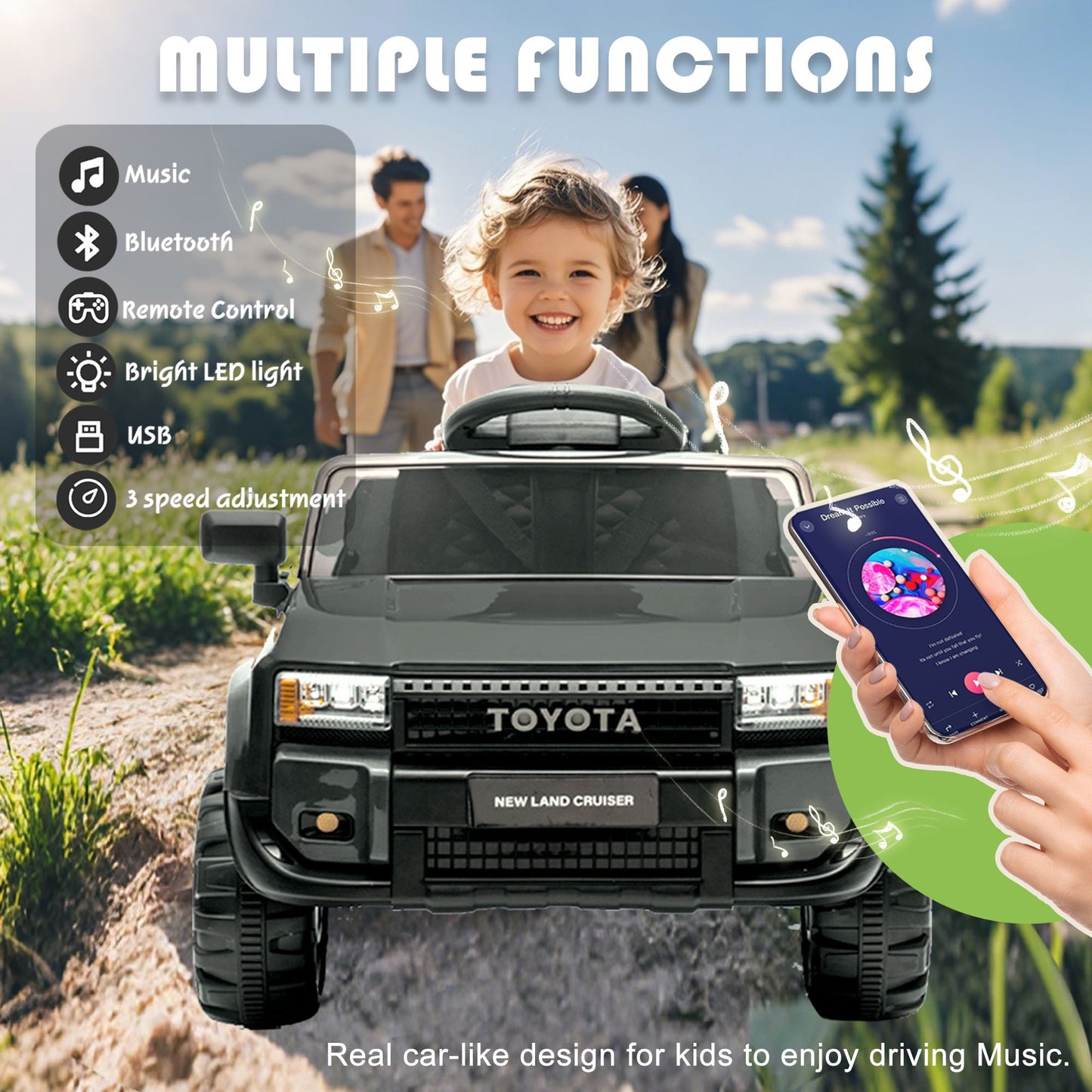 Track Seven 12V Ride on Car, Licensed Toyota LC250 Ride on Truck for Kids, Electric Car with Remote Control, Power Display, Music, Bluetooth, 12V Ride on Toy Car for Boys Girls Age 2+, Black