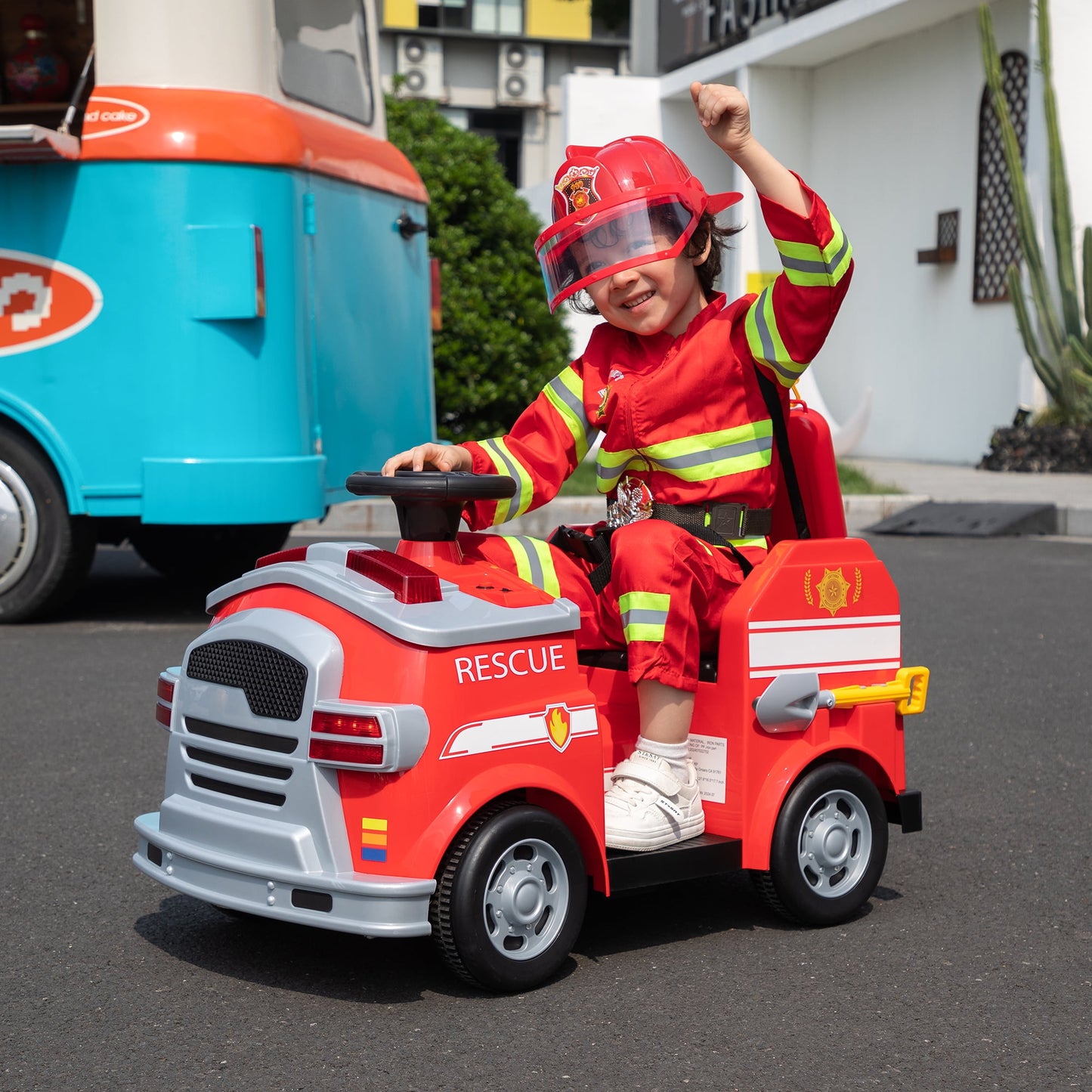 Track Seven 6V Electric Fire Truck Ride-On for Kids, Early Education, Fun with Fire Tools, Lights, Horns & Sirens, Slow Start Ride on Toy for Ages 2-8, Red