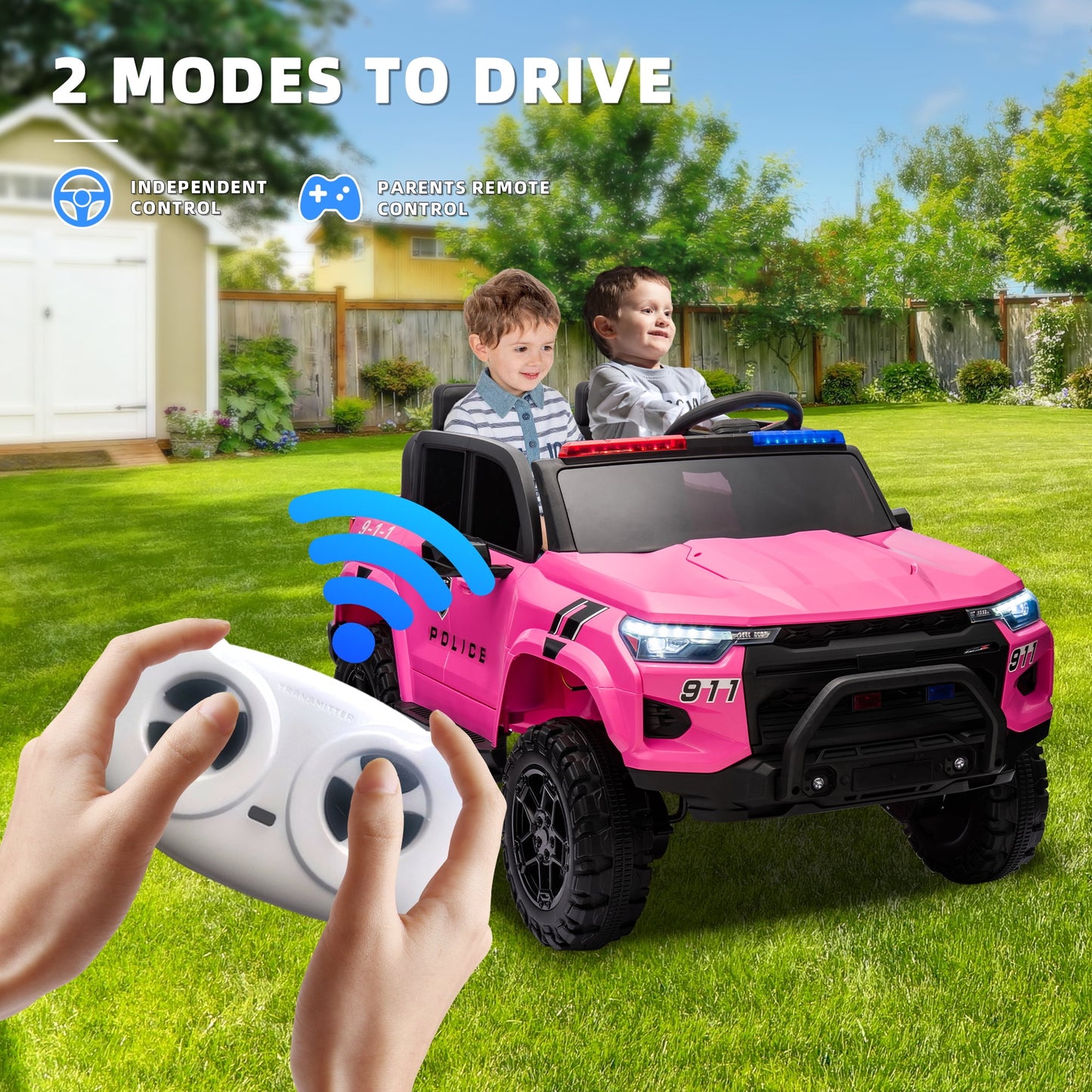 Track Seven 24V Ride on Car, 2-Seater Kids Ride on Pickup Police Car with Remote Control, Bluetooth, 4 x 200W Motor Electric Car, 3 speeds, LED Lights, Spring Suspension, Pink