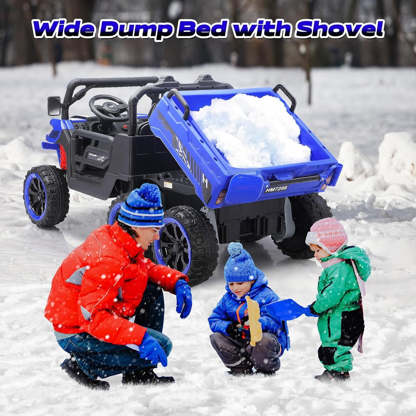 Track Seven 24V 2-Seater Ride on Dump Truck, 4WD 6-Wheel Kids Ride on Car w/Remote Control, Electric Dump Bed, Toy Shovel, Music, Max Speed 5 mph, 21" Large Seat, Ride on Toy for Kids Age 3+, Blue