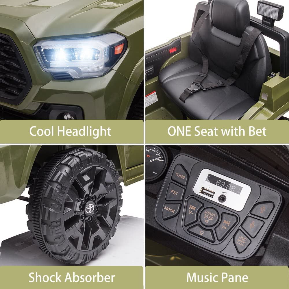 Track 7 Ride on Car with Remote Control, 12V Toyota Tacoma Electric Car for Boys Girls Age 3+, AUX/FM/USB, Storage Truck, Green