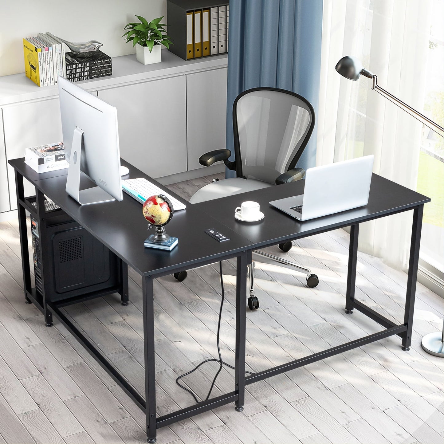 COOKCOK L Shaped Desk, 55" Computer Desk with Power Outlets, Reversible Corner Desk with Storage Shelves, Home Office Desk for Writing Gaming Study, Black