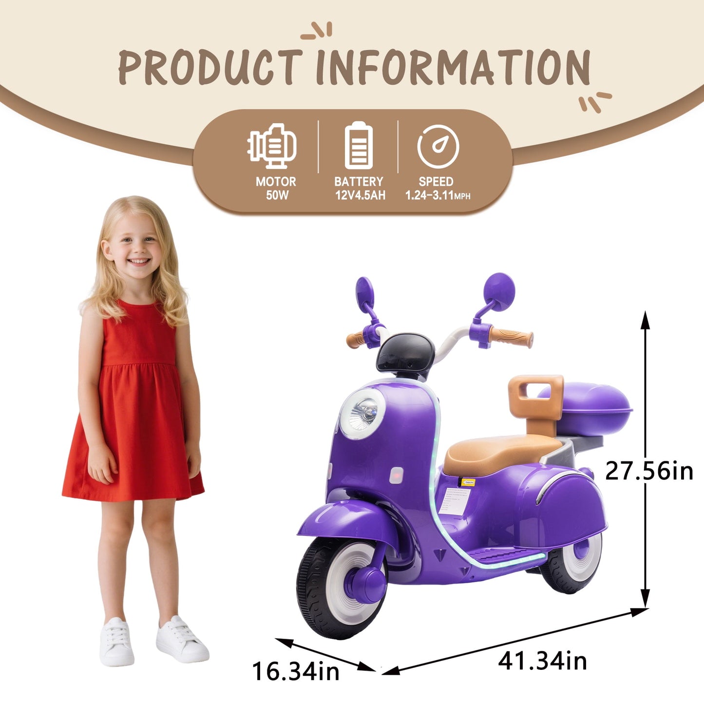 Track Seven 12V Kids Ride on Electric Motorcycle,3 Wheels Powered Motorbike with LED Strip light, 2WD, Anti-Slip Seat, Storage Basket, Bluetooth Music, Parent Remote Control for Ages 3-8, Purple