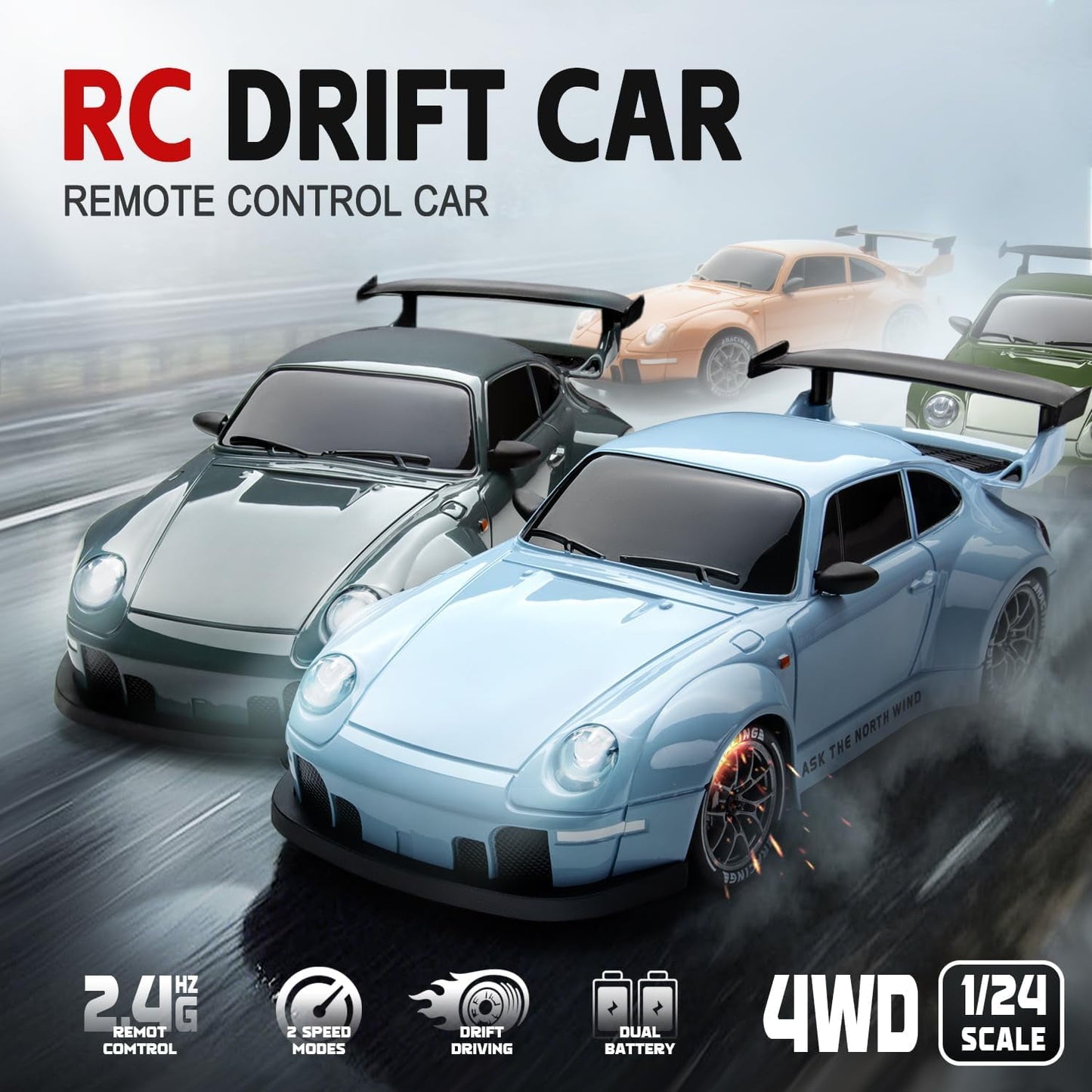 Track Seven RC Drift Car, 1:24 Scale Remote Control Vehicle with LED Lights, 2.4GHz 20KM/H 4WD High Speed RC Cars, Drifting Tires&Two Batteries, Racing Sports Toy Idea Gift for Adults Boys Girls