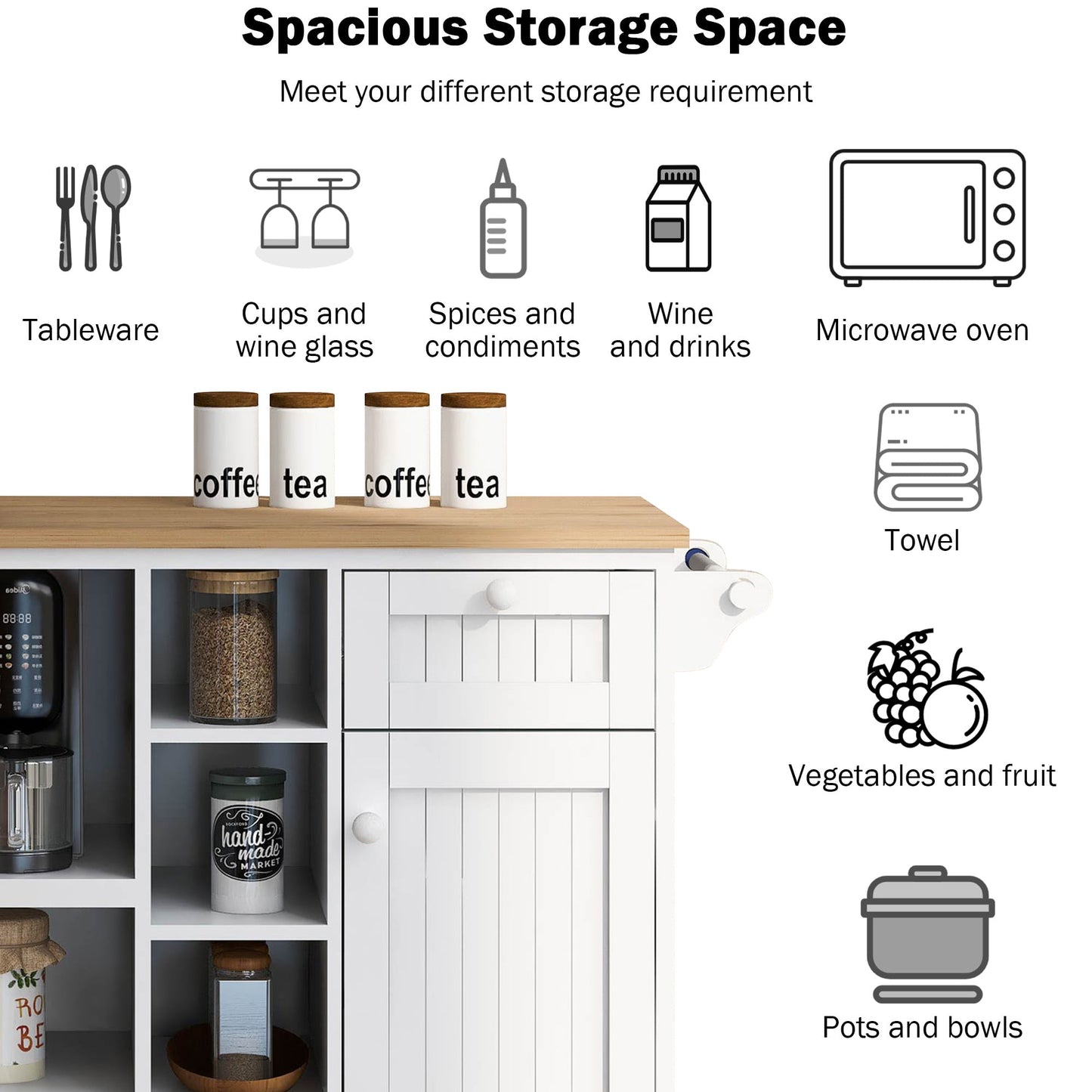 COOKCOK Kitchen Island Cart with Storage Cabinet, Rolling Mobile Kitchen Cart with Wood Desktop, Microwave Cabinet, Floor Standing Buffet Server Sideboard for Kitchen Room, Dining Room, White