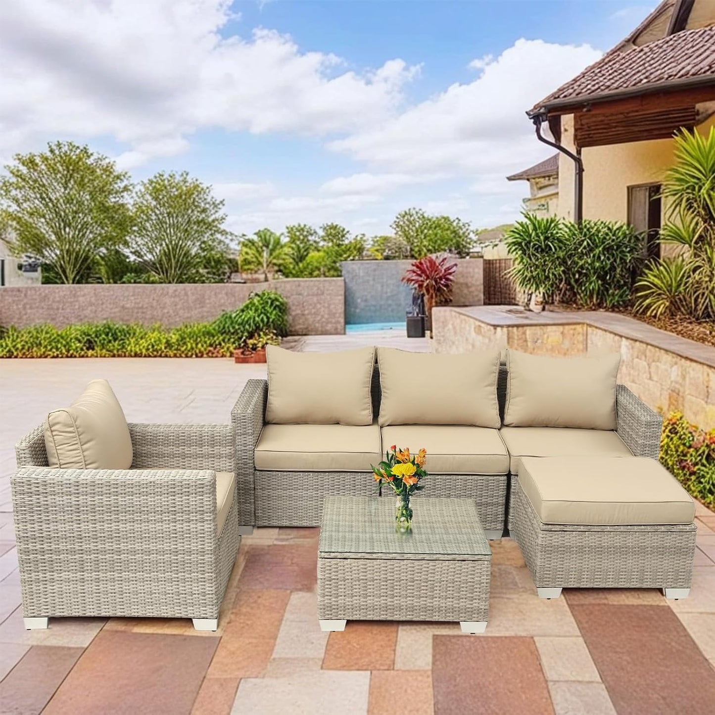COOKCOK 6-Piece Patio Wicker Furniture Set, Sofa Couch Conversation Set with Ottoman & Glass Top Coffee Table for Garden, Beige