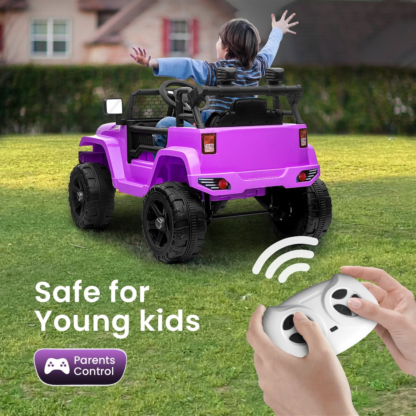 Track Seven Kids Ride on Truck, 12V Electric Car for Boys Girls Age 3+, Music, Ride on Car with Remote Control, Purple